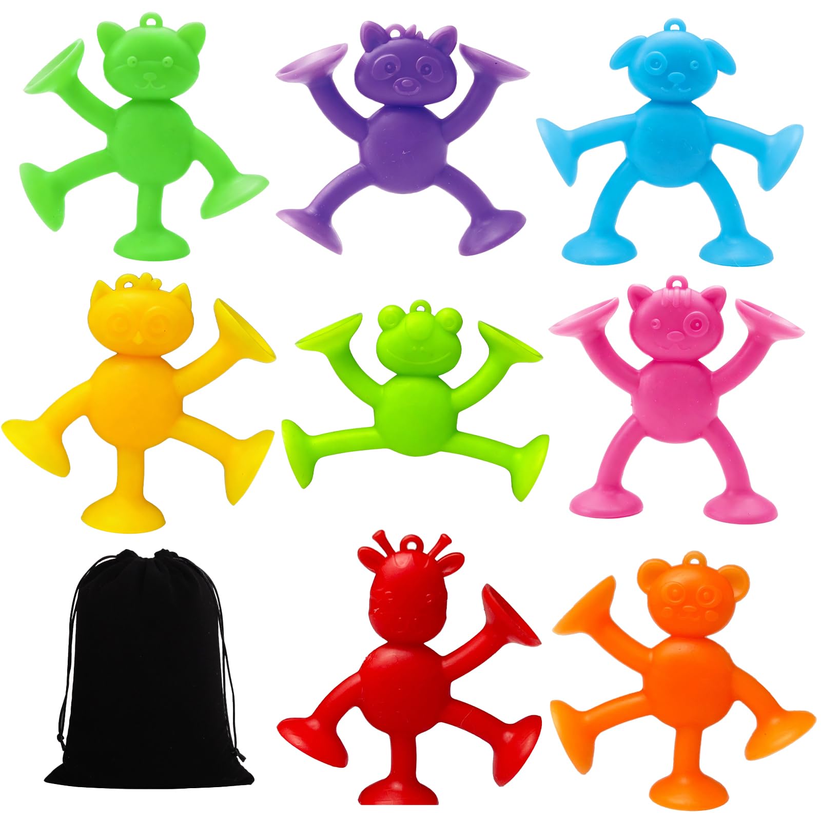Rndqw 8 PCS Suction Toys with Black bag, Colorful Set with Animal Designs