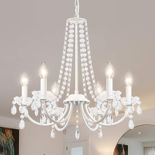YLCHYTDZSW Modern White Chandelier 6 Lights Crystal Chandelier Small Pendant Ceiling Light Fixtures Mini Chandeliers for Bedrooms Dining Room Living Room