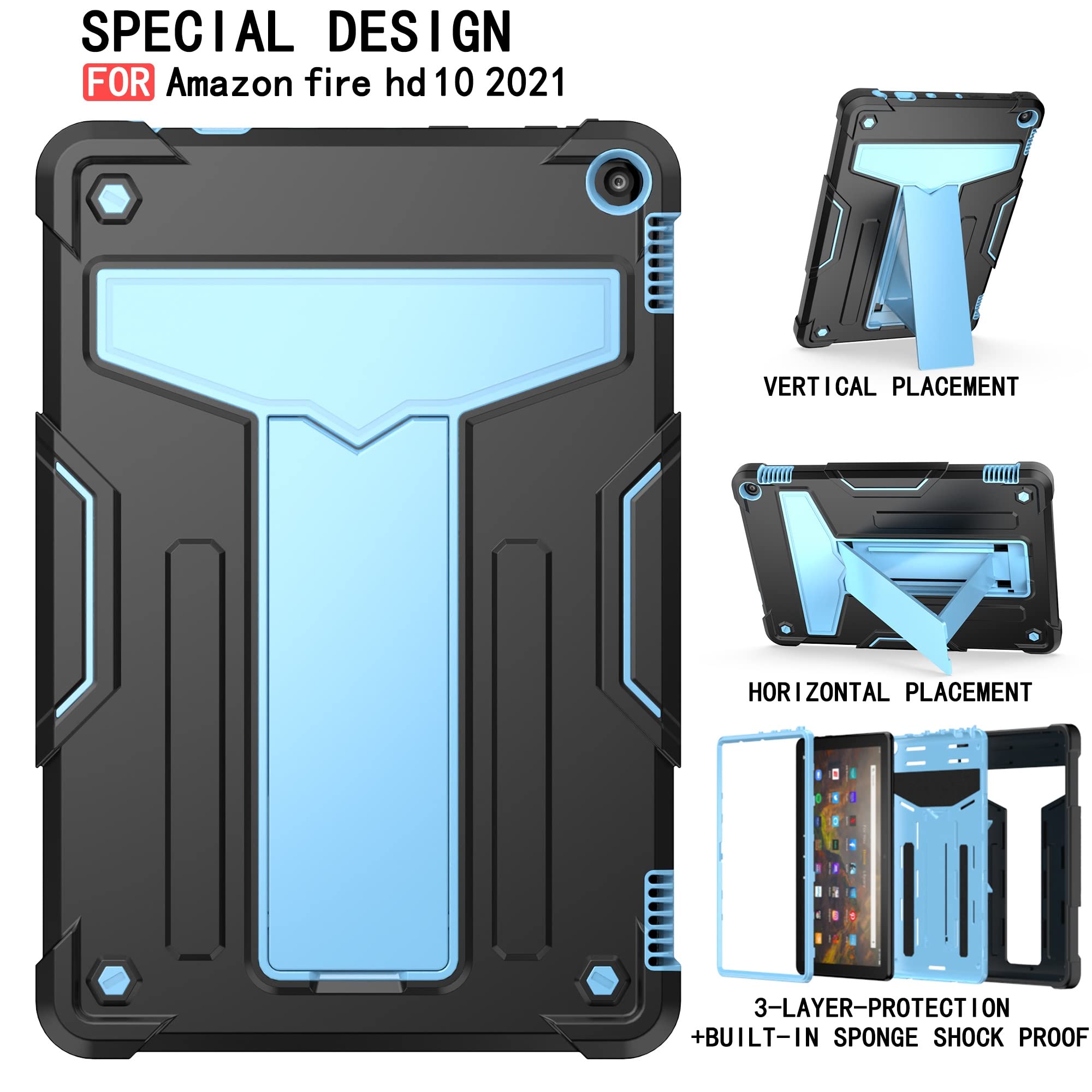 Pokrywa tabletu Obudowa kompatybilna z etui Kindle Fire HD 10/Fire HD 10 Plus 10,1" (wydanie modelu 2021), z podstawką, trójwarstwowa hybrydowa obudowa na całe ciało, wytrzymała, odporna na wstrząsy o