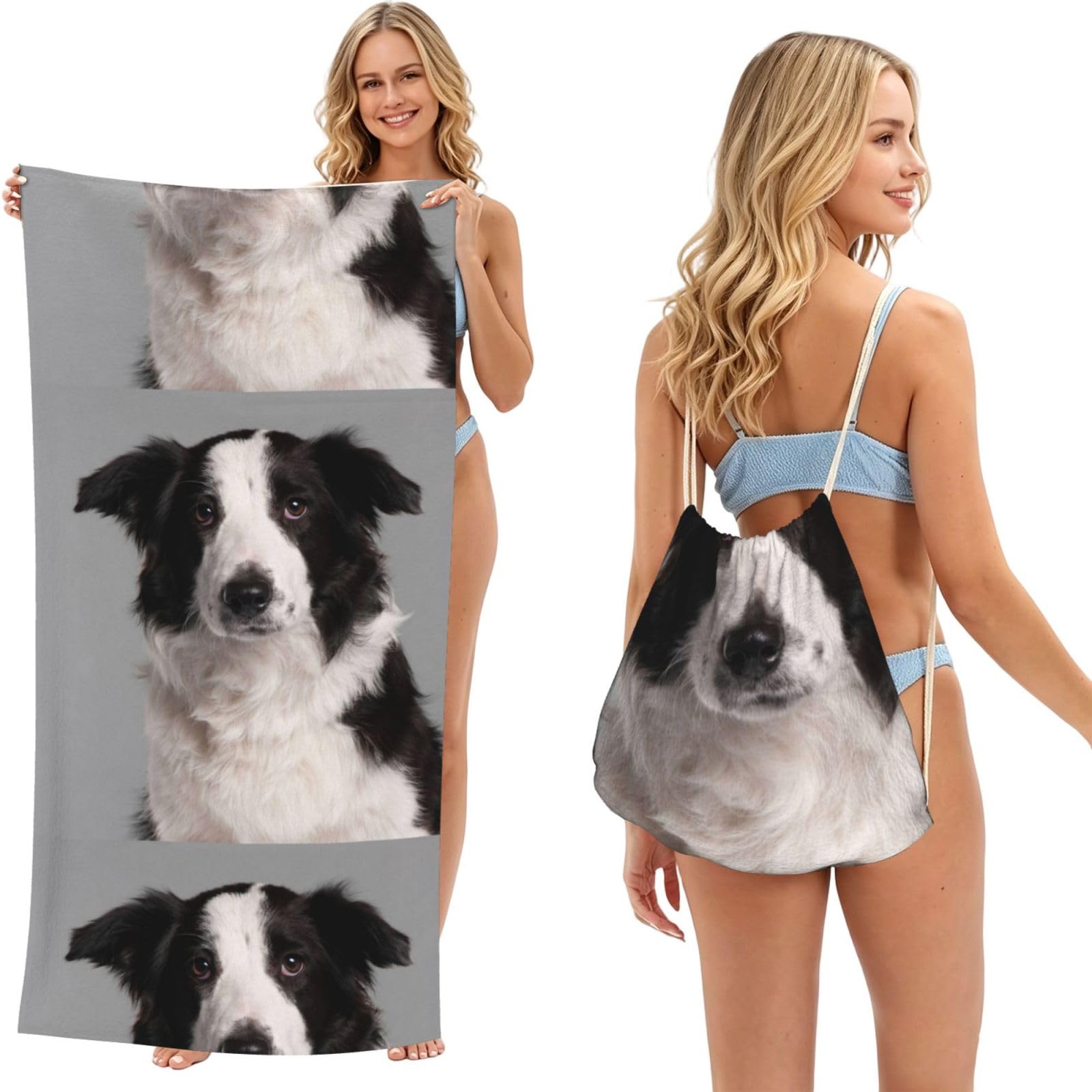 Poadnly As Picture Border Collie, 2 In 1 Packable Towel Bag, Beach Towels With Drawstring Backpack For Travel Holiday Camping