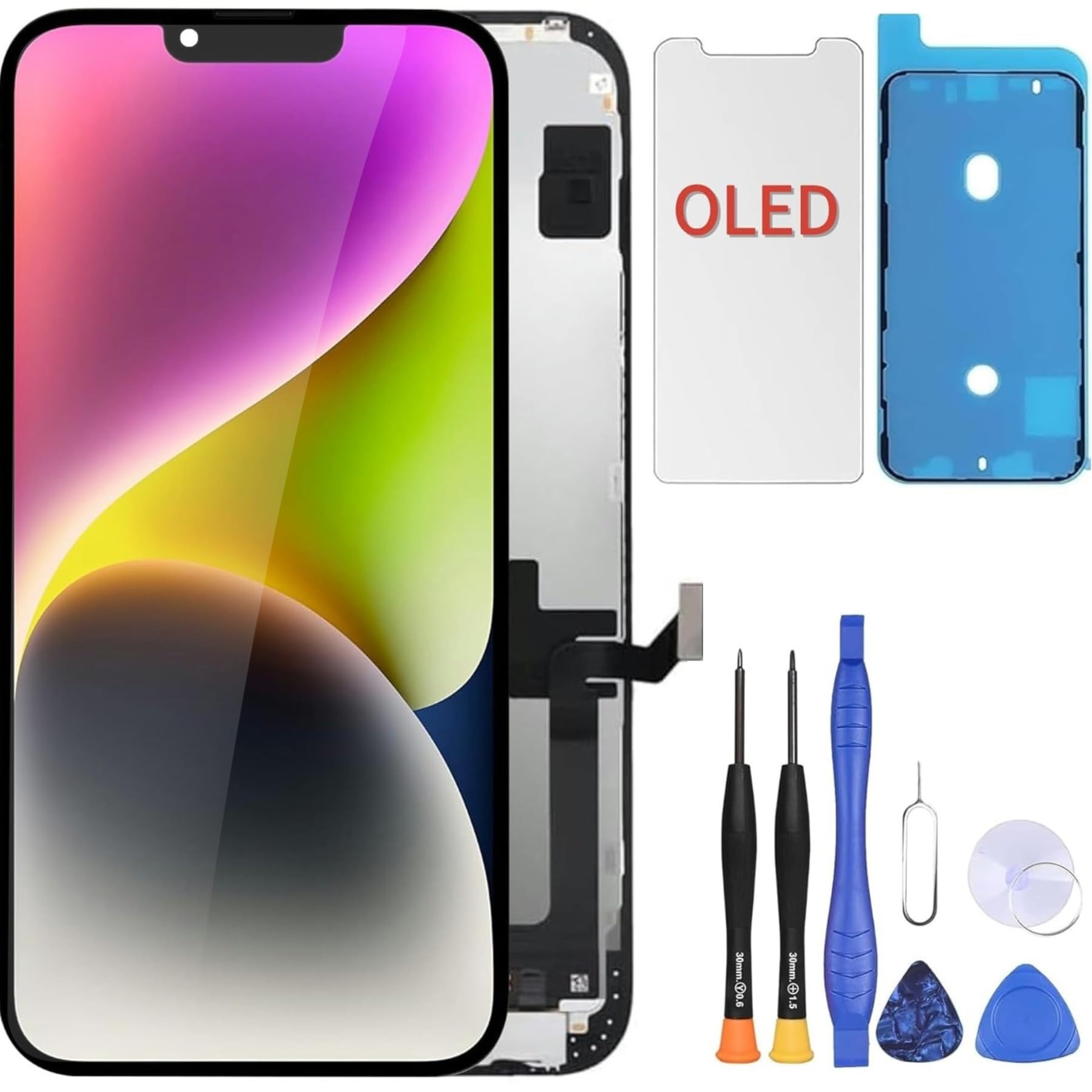 ZOETEC Morbido schermo OLED di ricambio per iPhone 14 da 6,1 pollici (non LCD) Display Full HD COF Touch Screen Digitizer Frame Assembly con kit di strumenti di riparazione, adesivo impermeabile,