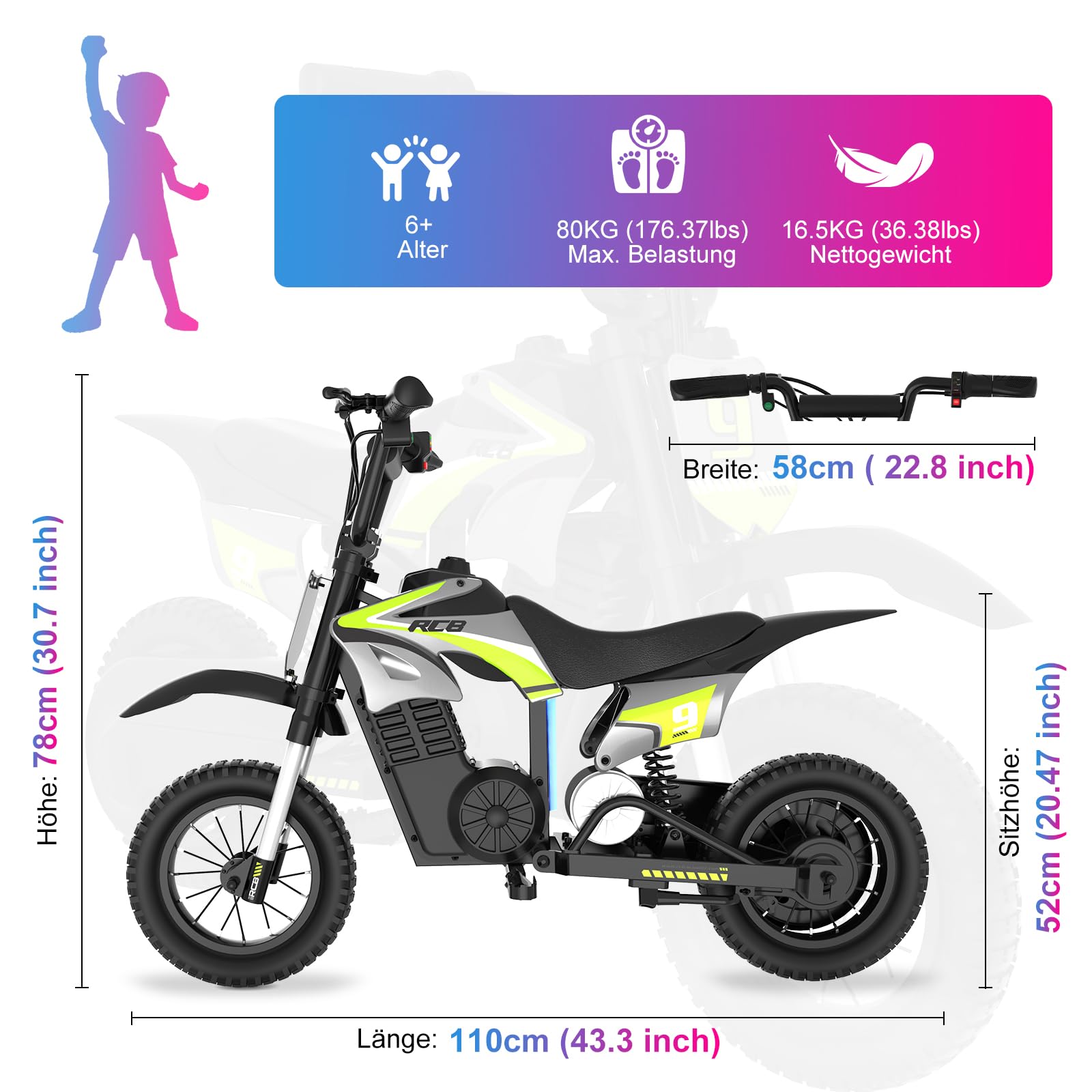R9X PRO Elektro Motorrad Kinder, Elektromotorrad mit 350W Motor & 5,2AH Akku, 16km Reichweite, 10/15/25 km/h, Doppelstoßdämpfer, 12 Zoll Reifen, Drum-Bremse, Moto für Kinder bis 80kg (Grün)