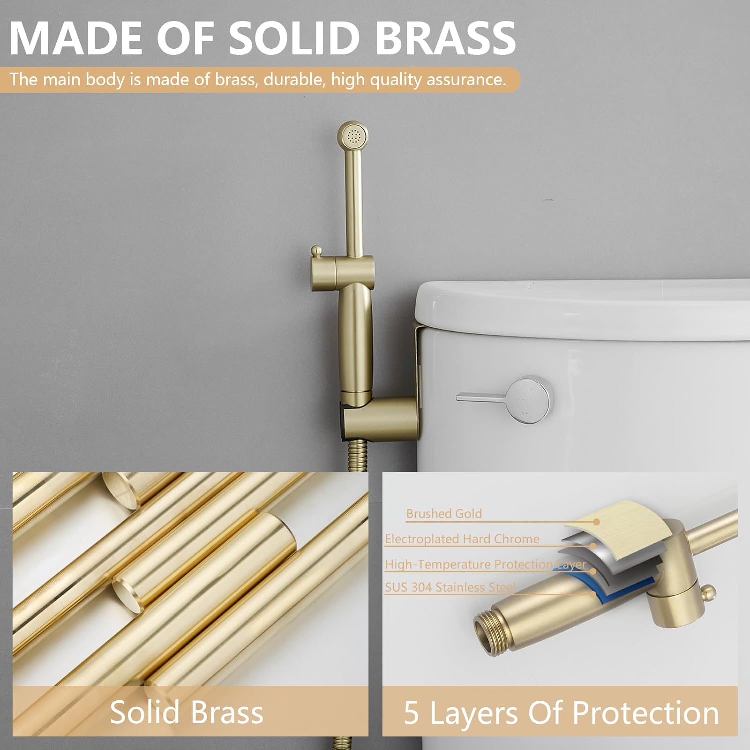 Handheld Bidet Sprayer for Toilet, All Brass Bathroom Toilet Sprayer Bidet Attachment Set, Baby Cloth Diaper Spraying Kit for Pet Bathing and Feminine Care, Brushed Gold