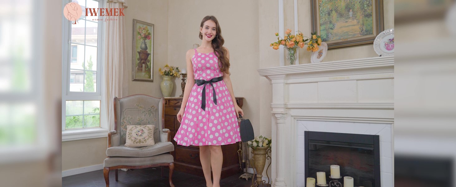 Women Vintage Polka Dot 1950s Rockabilly Halter Audrey Dress