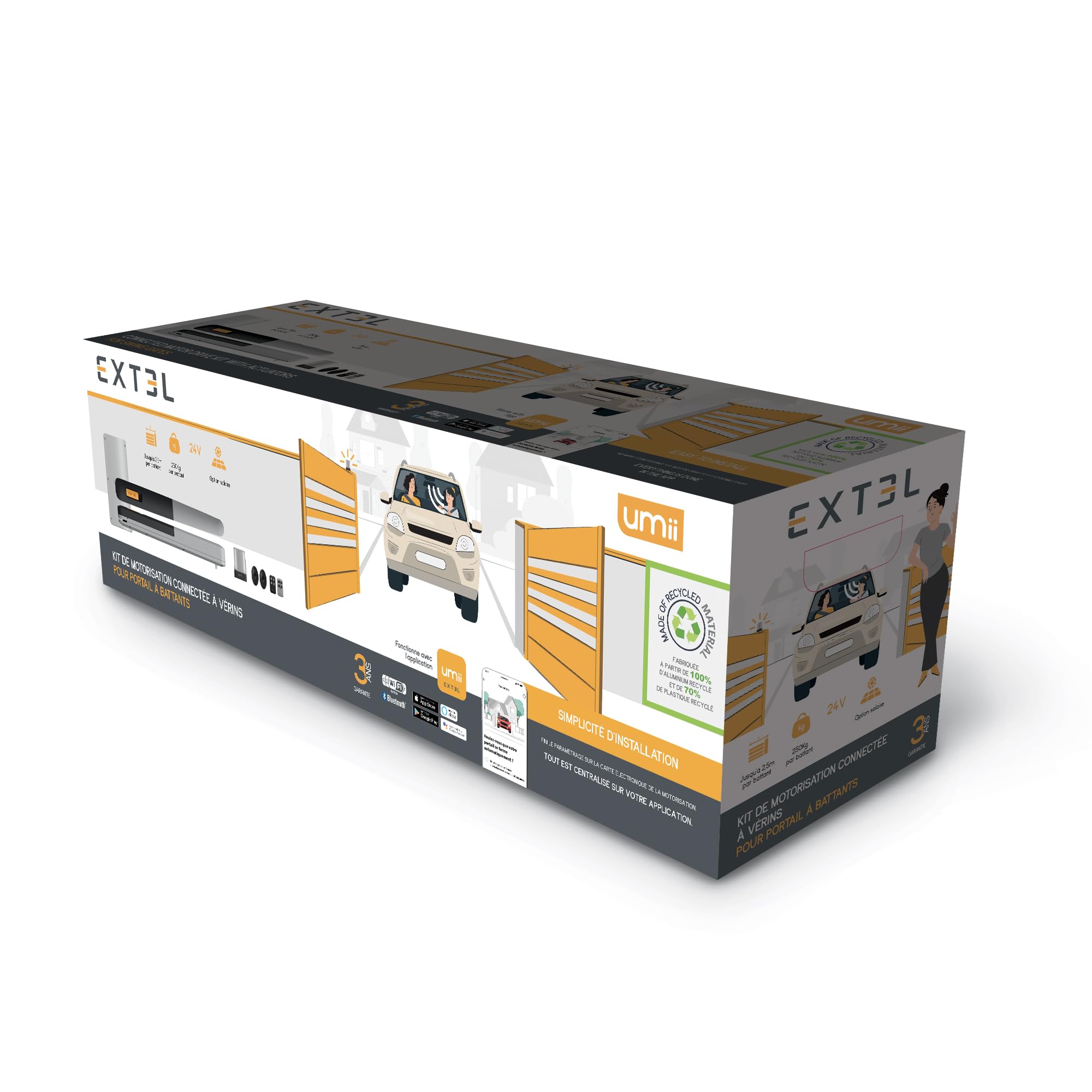 Extel XV250 – Motorisation connectée à vérins pour portail à battants jusqu’à 5 m et 500 kg, contrôle via application Umii, kit complet avec 4 télécommandes au total