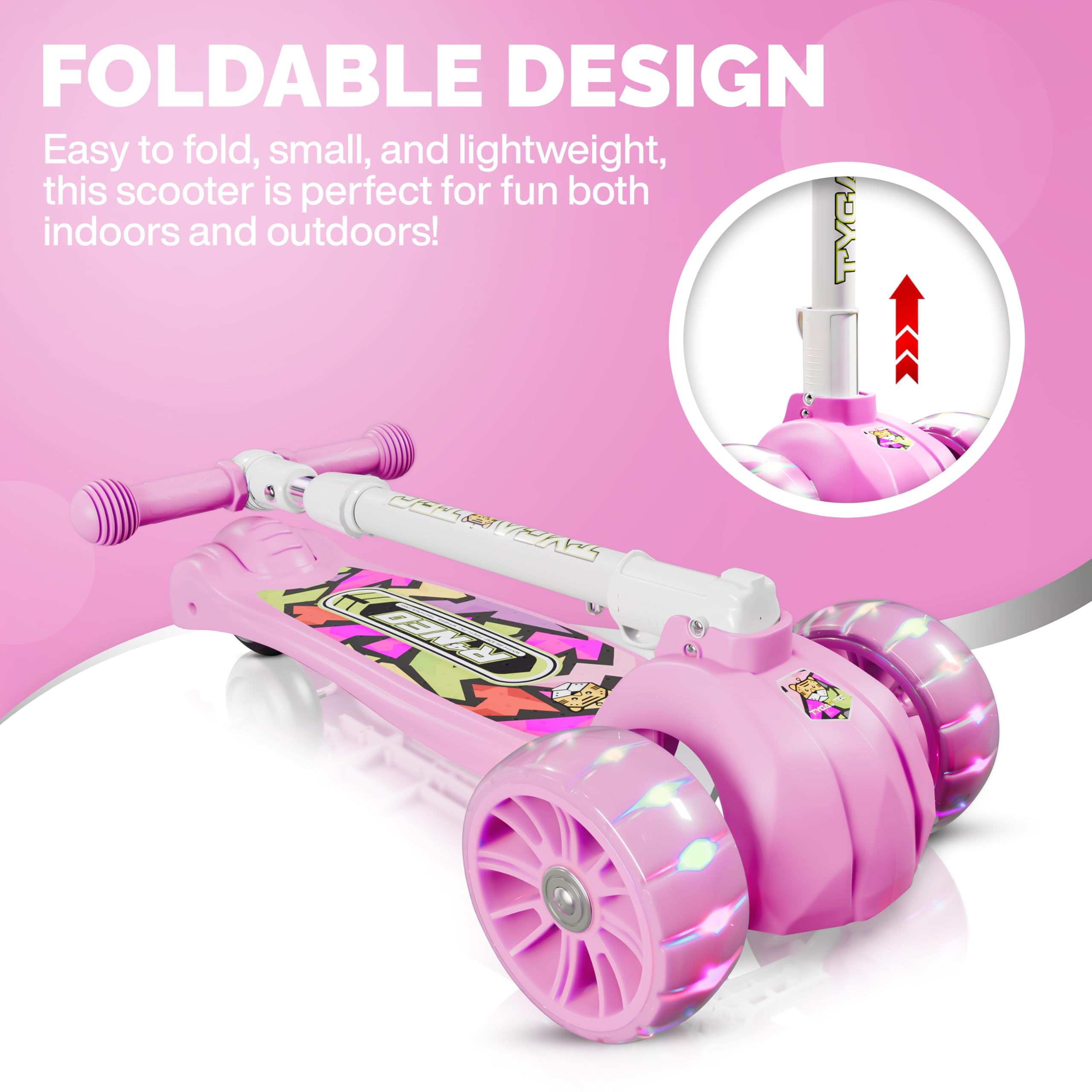 Tygatec 3 Wheel Kids Scooter for Year 5 to 14, LED Magic Wheels, Smart Kick Scooter with Fold-able & Height Adjustable Handle for Baby Boys and Girls with Foot Brakes (Rosy Pink) (Pink) 4
