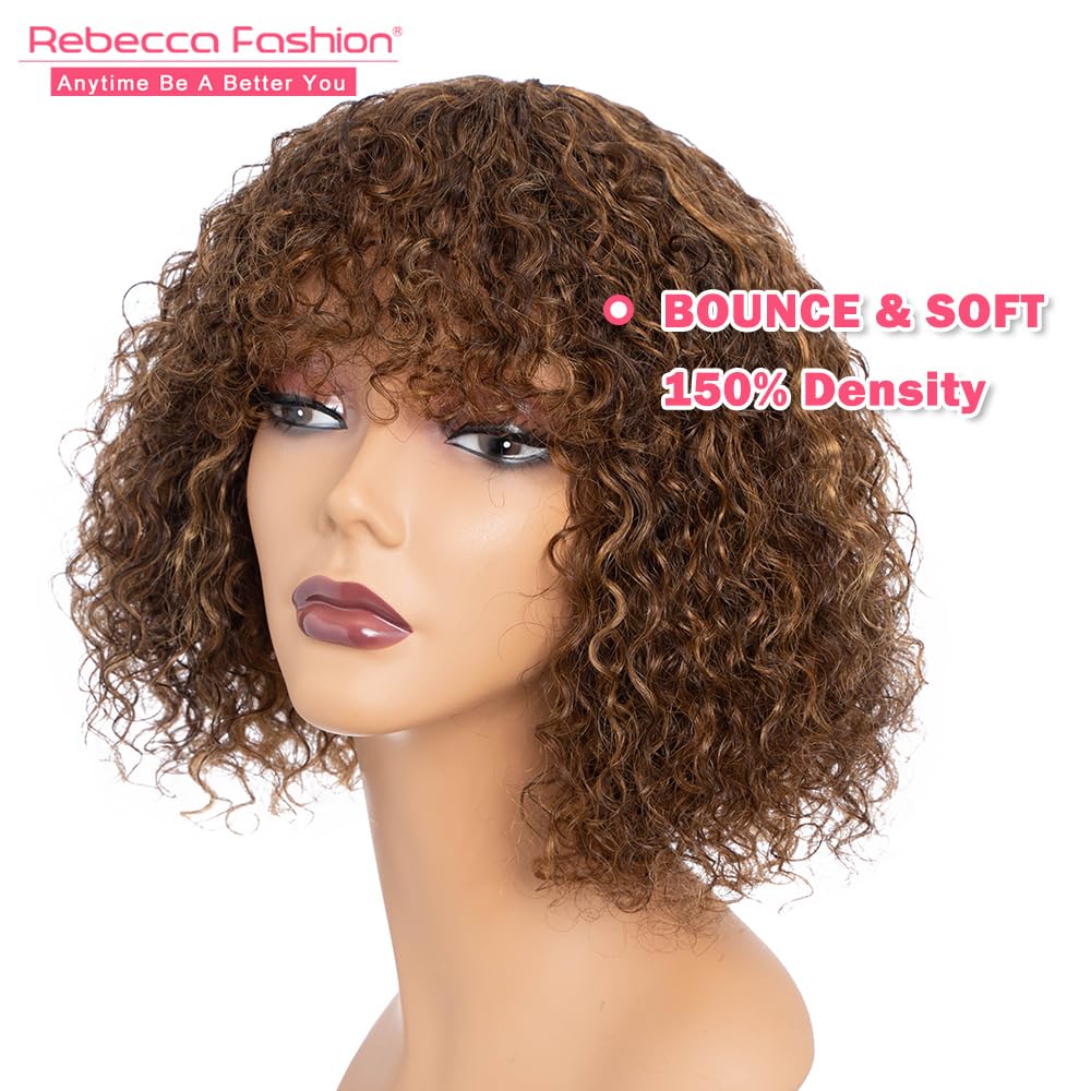 Rebecca Fashion Highlight Brown Blonde Curly Bob Wigs with Bangs Human Hair 10 Inch Short Curly Water Wave Bob Wig Human Hair Wigs for Black Women Glueless Wig 100% Brazilian Remy Hair - Image 2
