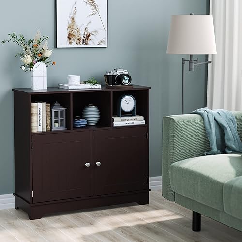 Miniatura 6 de HORSTORS Armario de baño armario de almacenamiento de piso con puertas y cubos abiertos gabinete lateral independiente para sala de estar dormitorio