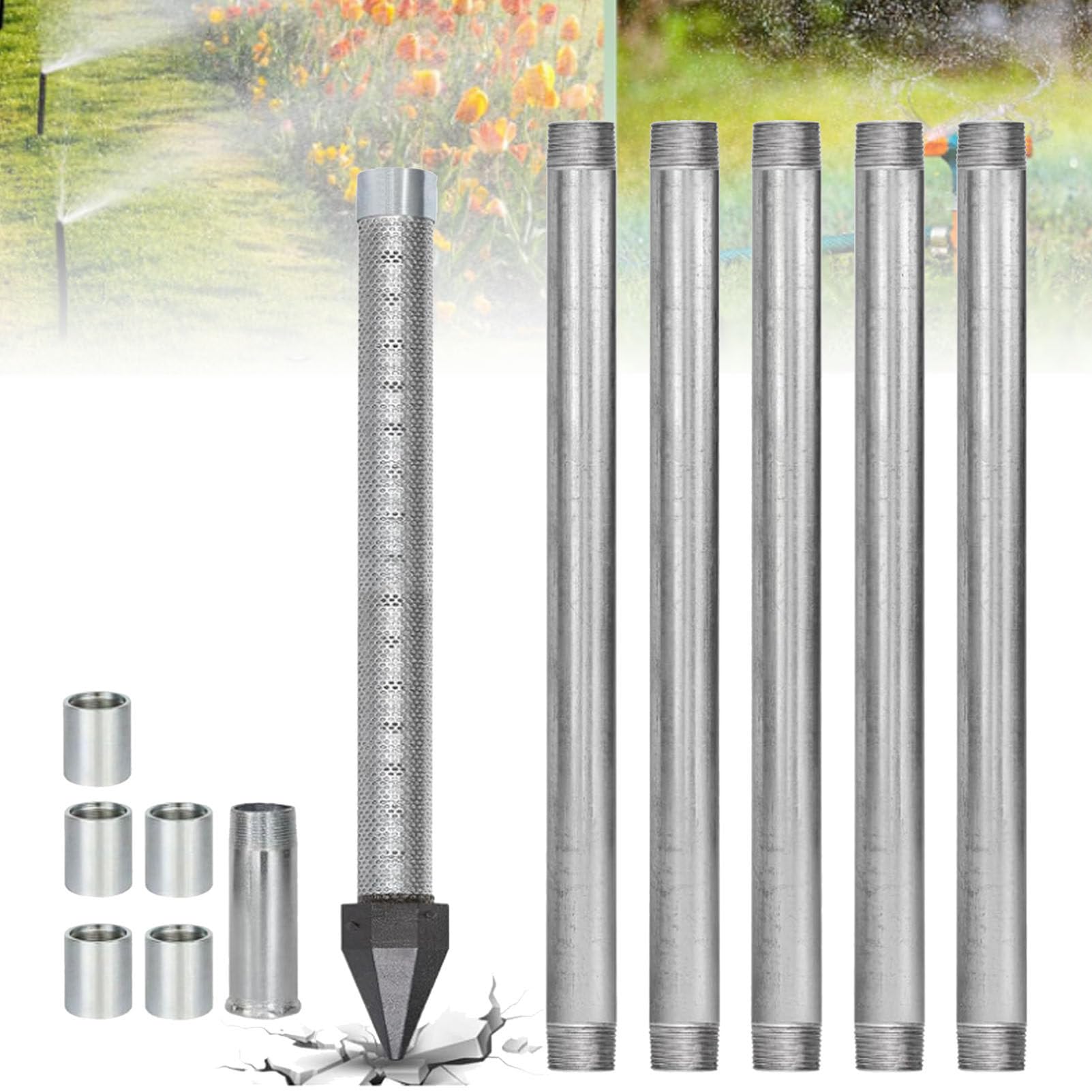 Sand Point Well Kit 1-1/4″, Heavy Duty Stainless Steel Drive Point Well with 36-inch 60 Mesh Screen & Galvanized Drive Pipes, Professional Shallow Well Point Kit for DIY Water Supply NoWaterPump-6M