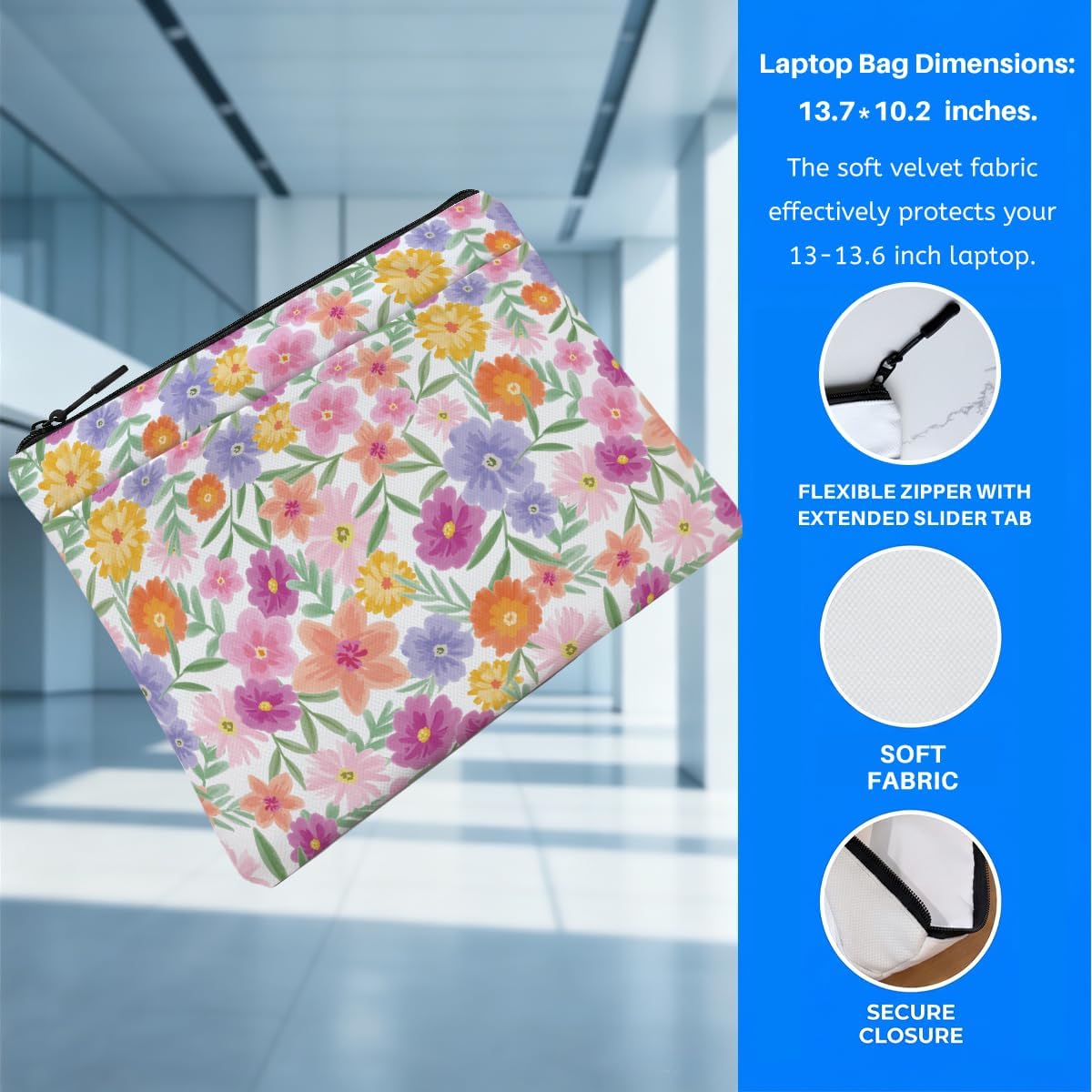Cute Wildflower Laptop Case 13.3 inch, 13-13.3 inch Laptop Sleeve Compatible with 13-13.6 inch Slim Laptops, Watercolor Floral Soft Velvet Computer Sleeve Bag with Pocket for Women Boss Lady image 5
