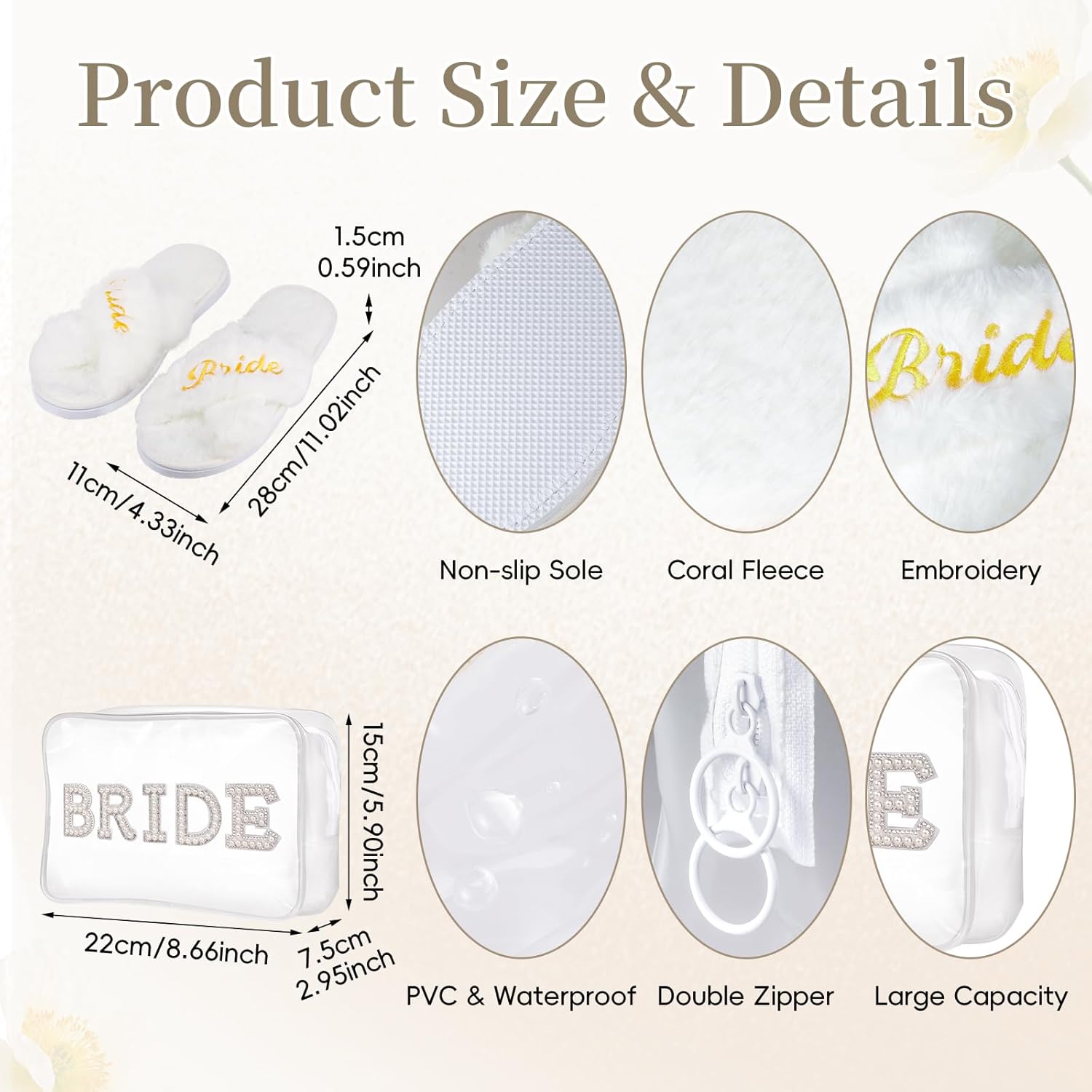 3 Pcs Bride Robe for Wedding Day Set with Makeup Bag, Slippers, Lace Trim White Robe -Short Getting Ready Wedding Robes Bridesmaids Bride Gifts