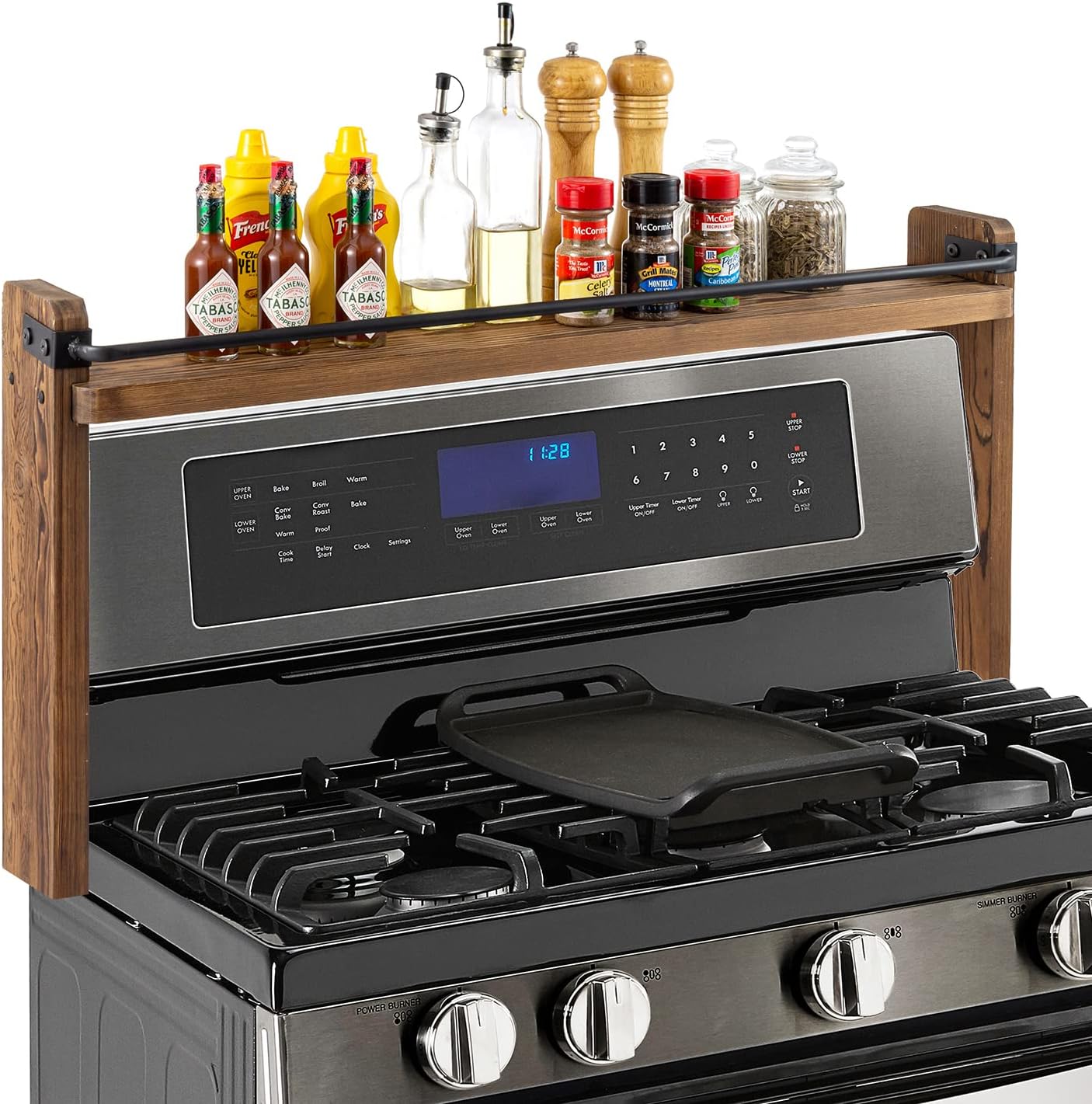 MyGift 33 Inch Stove Top Spice Rack - Deluxe Rustic Burnt Solid Wood and Industrial Black Metal Space Saving Over The Stovetop Range Storage Display Shelf