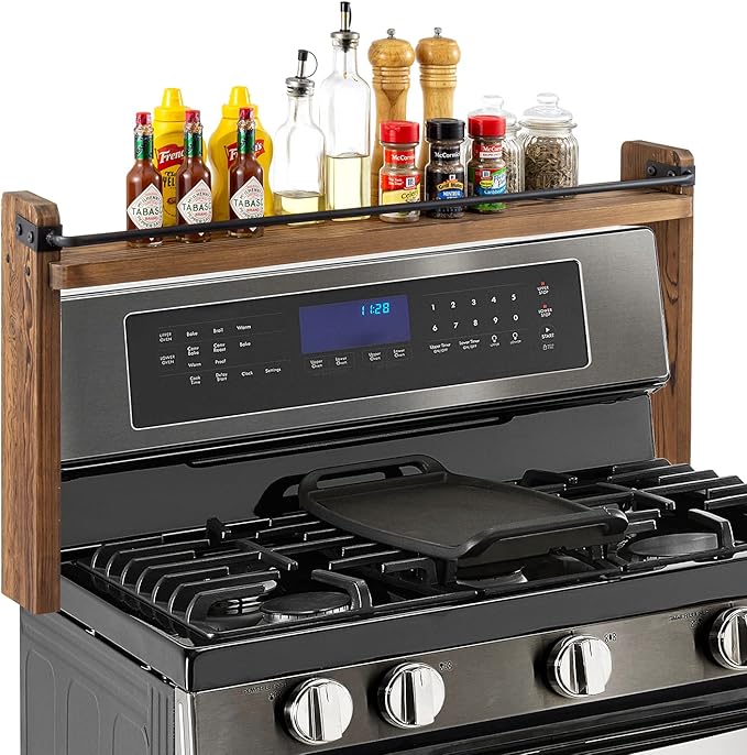 MyGift 33 Inch Stove Top Spice Rack - Deluxe Rustic Burnt Solid Wood and Industrial Black Metal Space Saving Over The Stovetop Range Storage Display Shelf