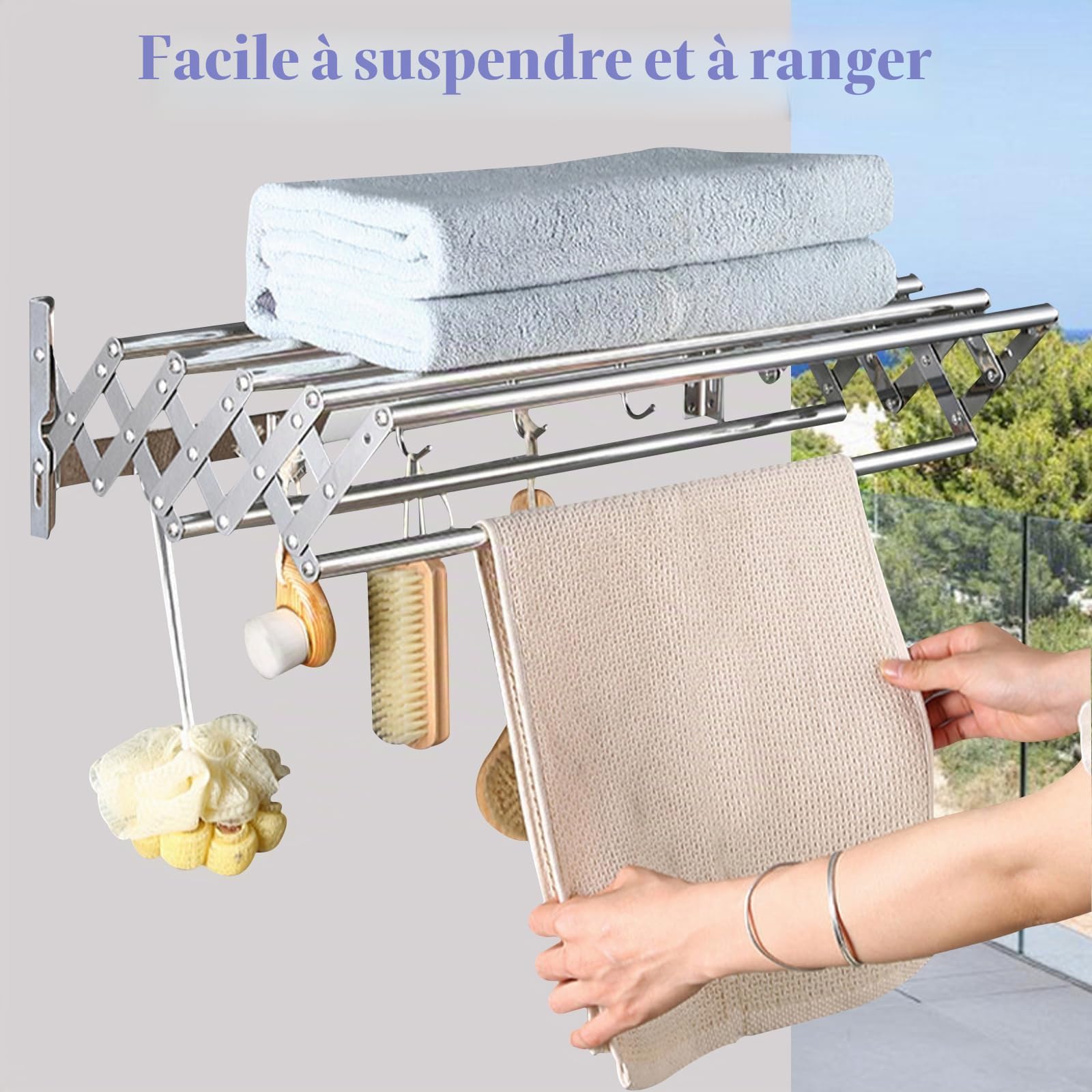 Etendoir Mural Sechoir à Linge Retractable Pliable Extérieur avec 4 Accroche Acier Étendoir à Linge et Suspendu en Acier Inoxydable pour Gagner de la Place pour Salle de Bain, Balcon (60cm)