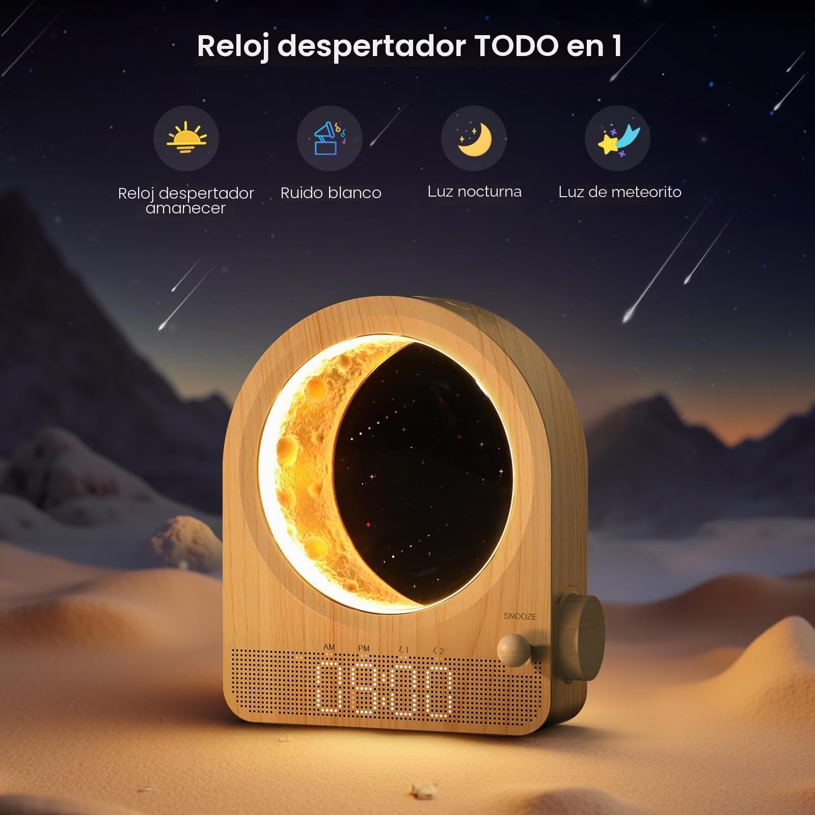 Despertador Sunrise Light, despertador de habitación con ruido blanco y luz lunar, 10 melodías, función de cuenta atrás y brillo ajustable - Madera