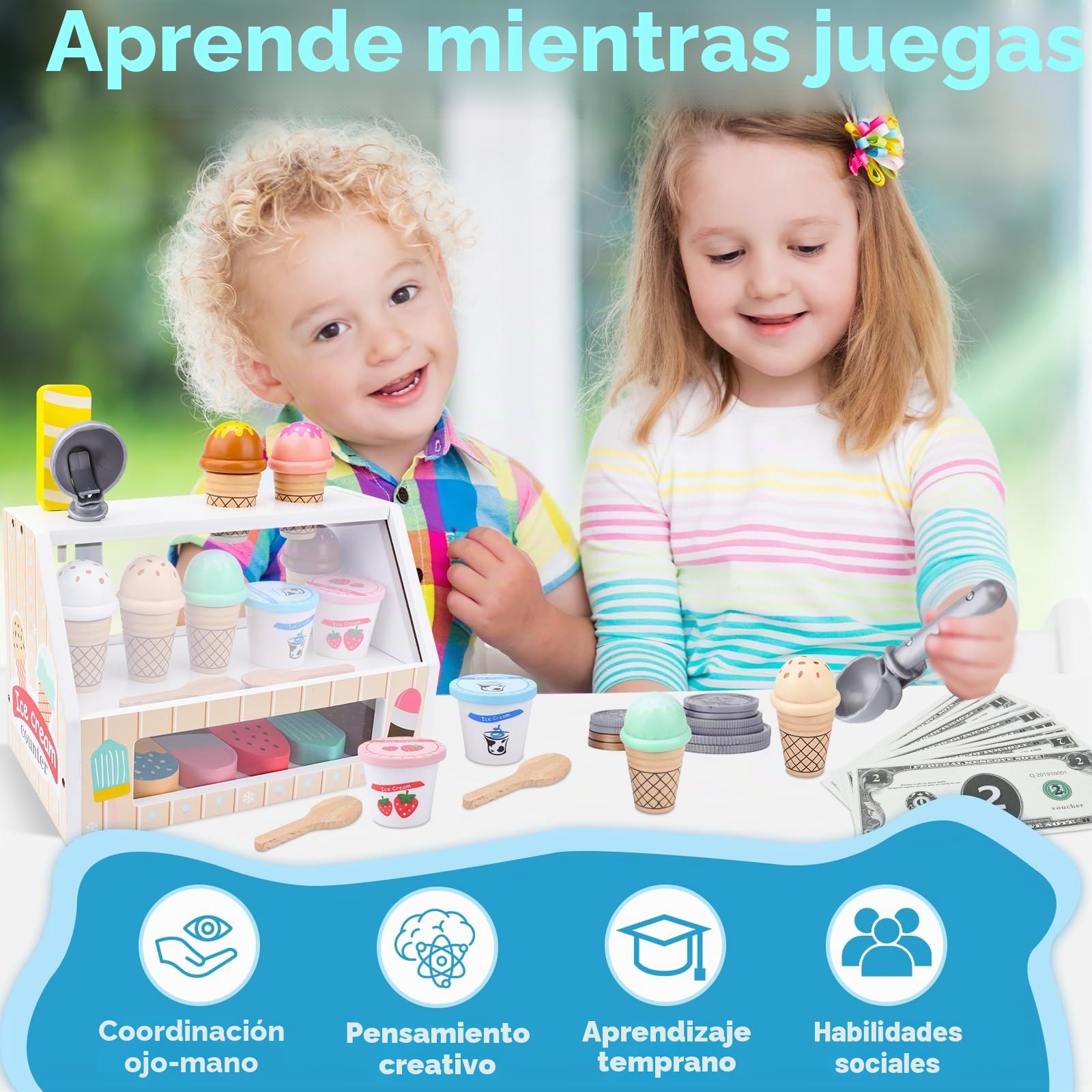 Heladeria Juguete,Juguete de Helado,Tienda de Helados con Conos,Tienda de Helados Accesorios de Cocina,Helados Madera Juguete Juego Educativos Regalo para Niñas Niños 3 4 5 6 años