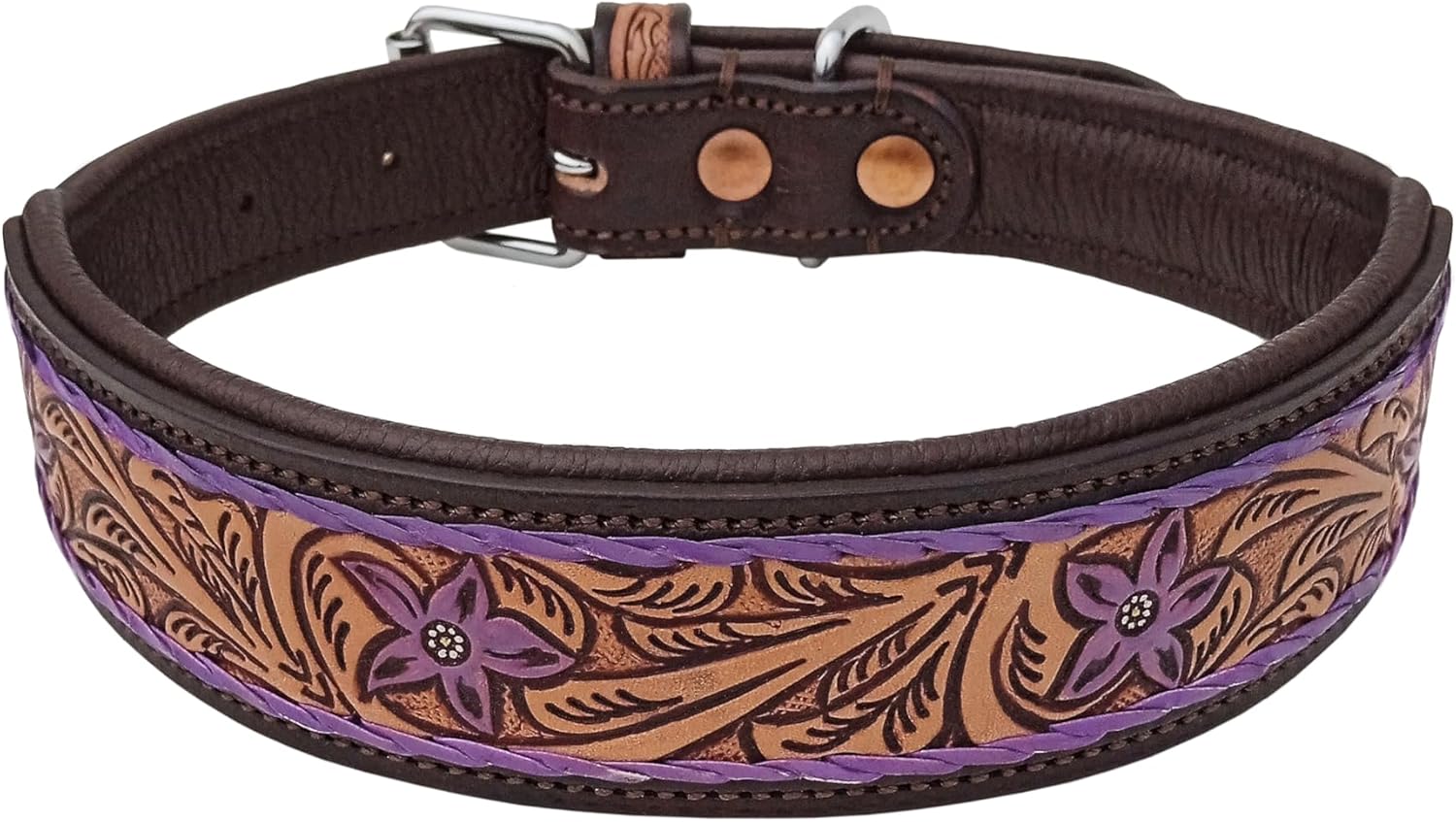 Leather Dog Collar Medium Size Western Style Heavy Duty Hand Tooled Adjustable Padded Soft for Small Puppies and Big Dogs 10AB140-M
