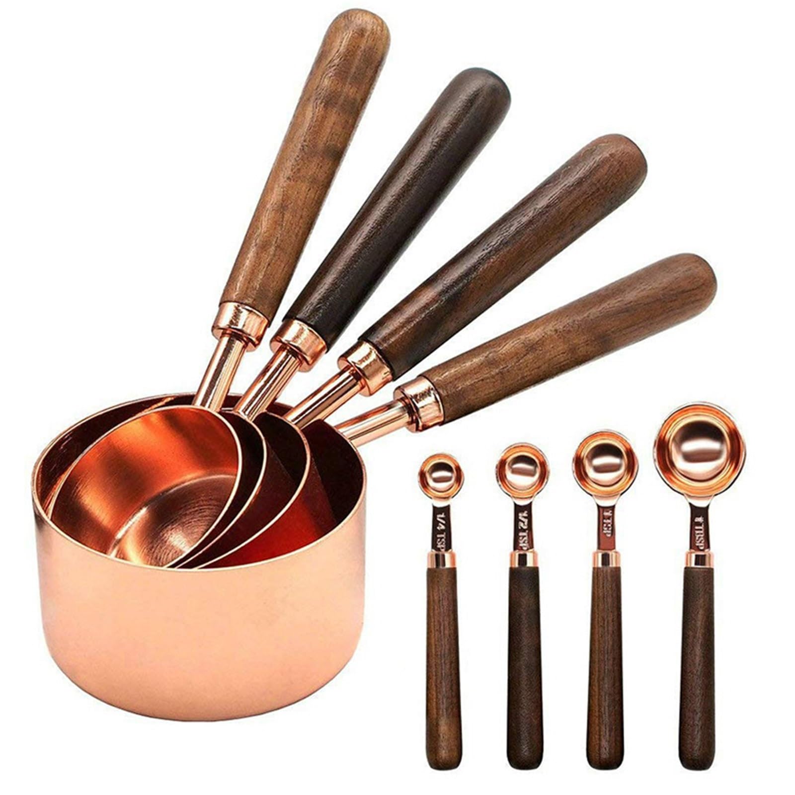 Messbecher- und Löffel-Set, Walnuss-Griff, Edelstahl, plattiertes Kupfer, Metall, Messschaufel, Backset, Küchenzubehör für Flüssigkeiten und Feststoffe