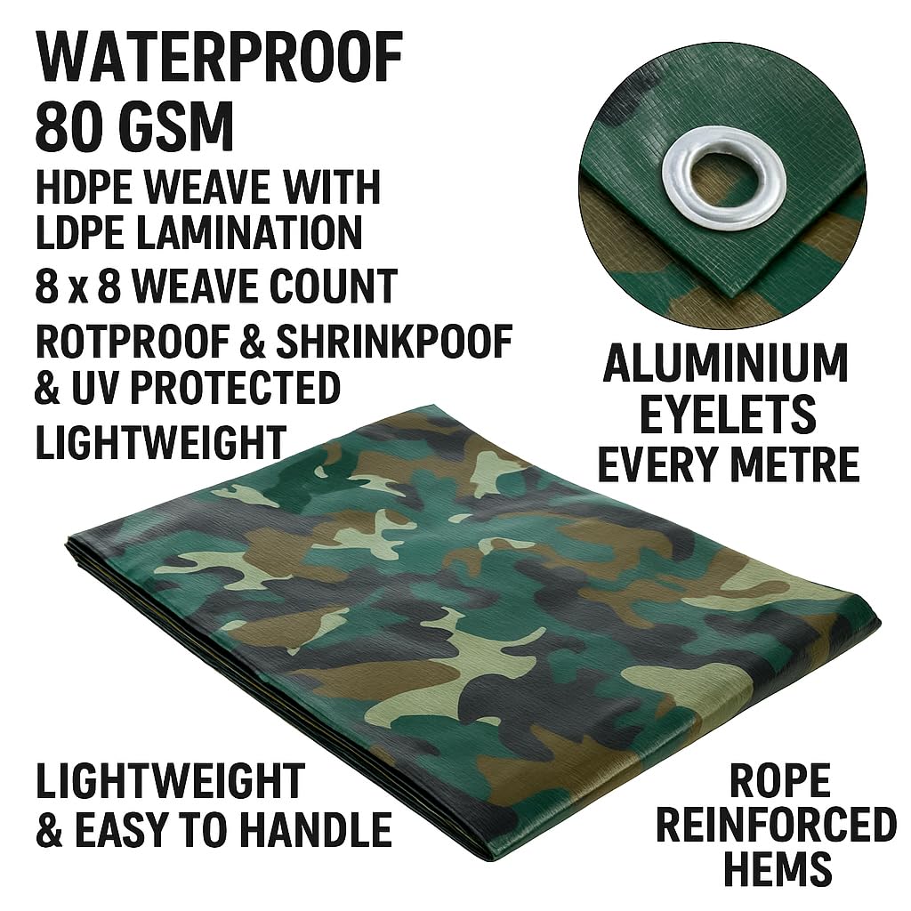 Camouflage Tarpaulin Waterproof 80gsm UV Protected, Rotproof, Lightweight Ground Sheet with Eyelets Every 1m Ideal for Camping, Garden, Paintball, Outdoor Use (1.8m x 2.4m) - Image 2