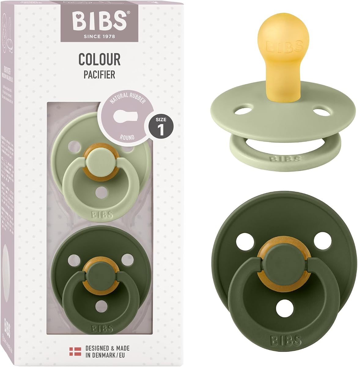 Colección de colores de chupetes | Chupete de caucho natural para bebé | Juego de 2 chupetes sin BPA | Fabricado en Dinamarca | 0+ meses (paquete de 2) | salvia/verde cazador | Látex de caucho natural | Talla 1 | Sin BPA | Fabricado en Dinamarca | Alta aceptación del pezón | Orificios de flujo de aire | Escudo de confort