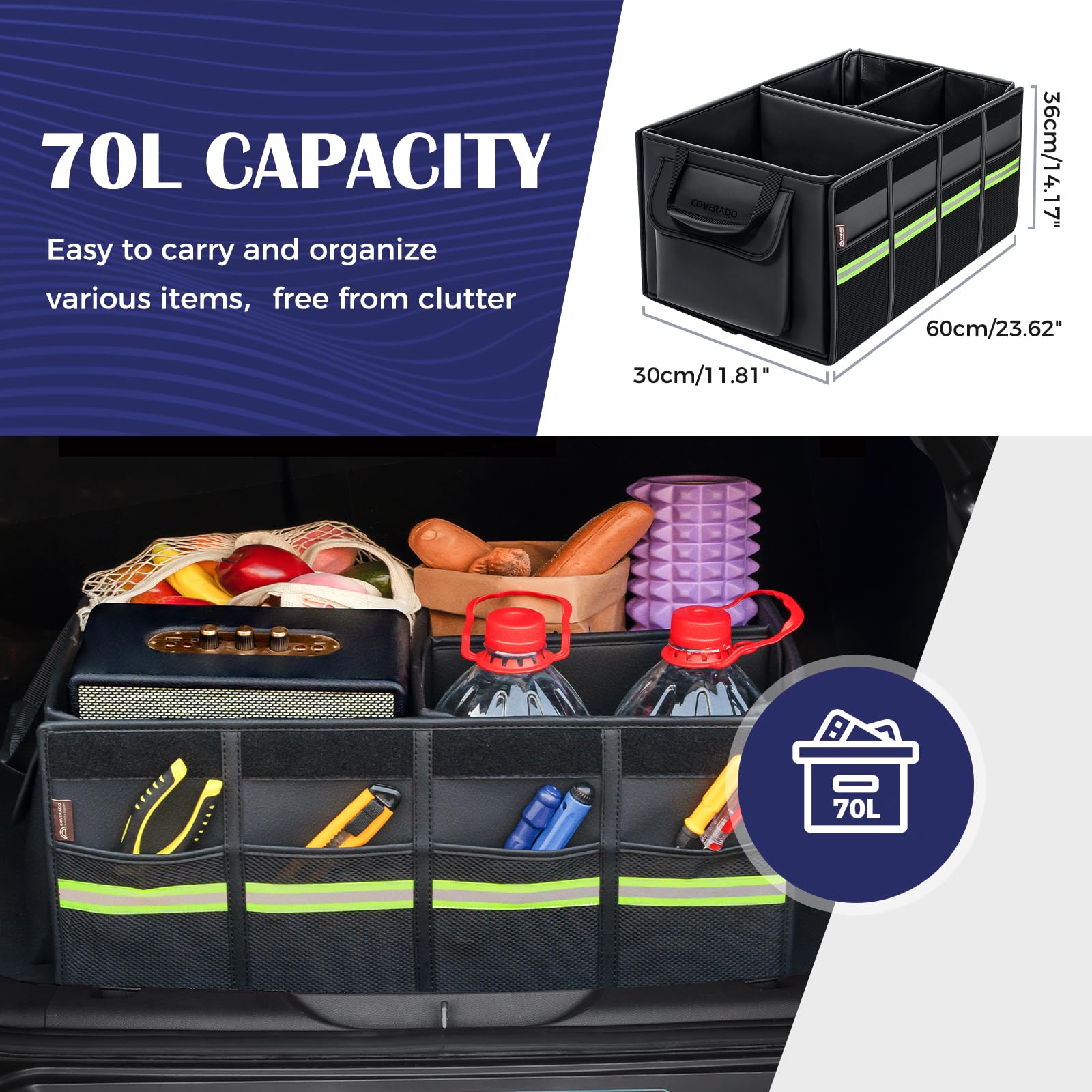 Coverado Organizador de Maletero Coche y SUV, Impermeable Bolsas para maletero de cuero napa, 70 L Plegable Caja maletero coche,Cubículo múltiple & Divisor, Fijar 2 correas