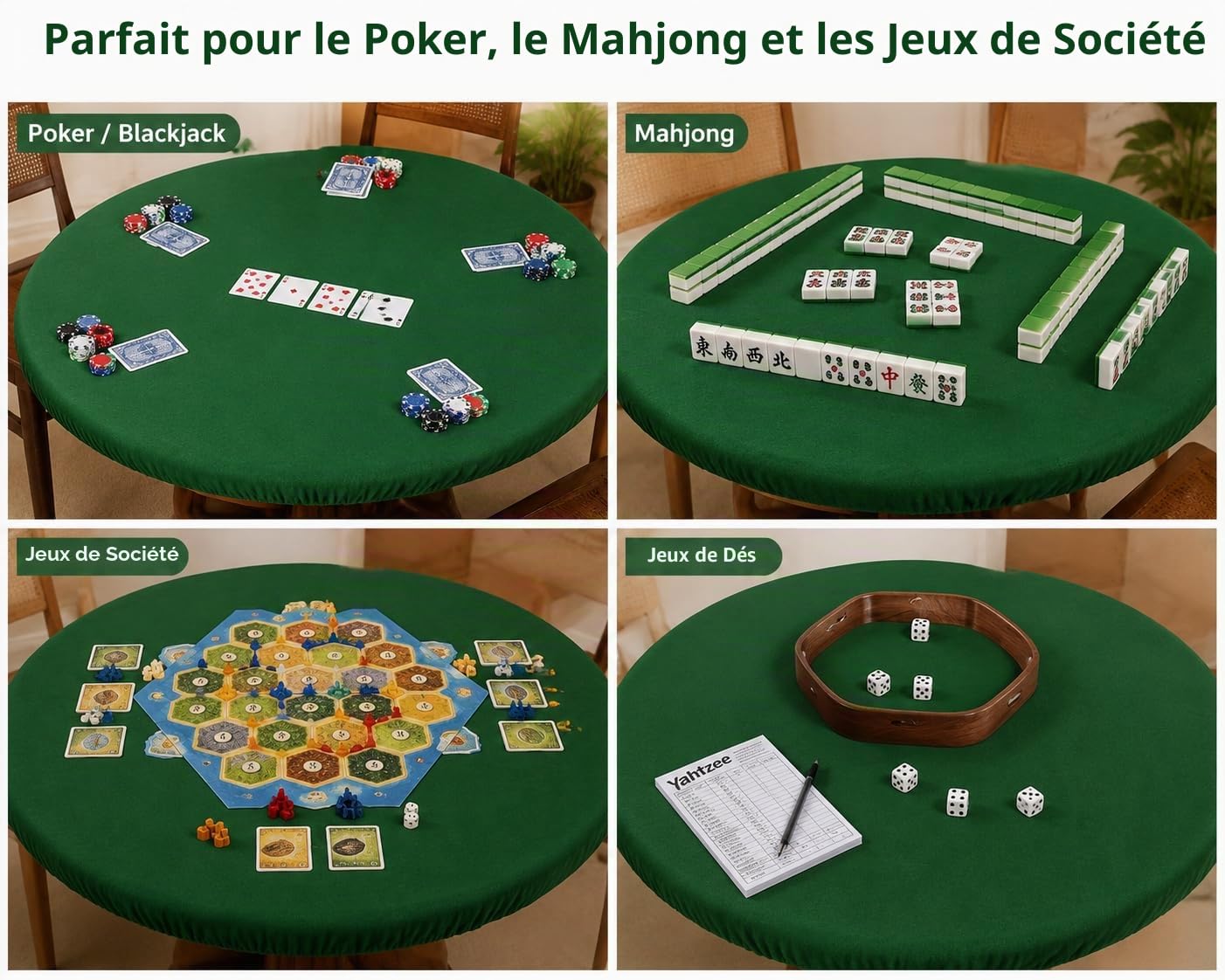 Katai – Tapis de Poker Rond en Feutre Vert 36–48 Pouces – Style Casino Antidérapant et Anti-Bruit pour Jeux de Cartes, Mahjong ou Soirées Jeux – avec 6 Dessous-de-Verre en Liège