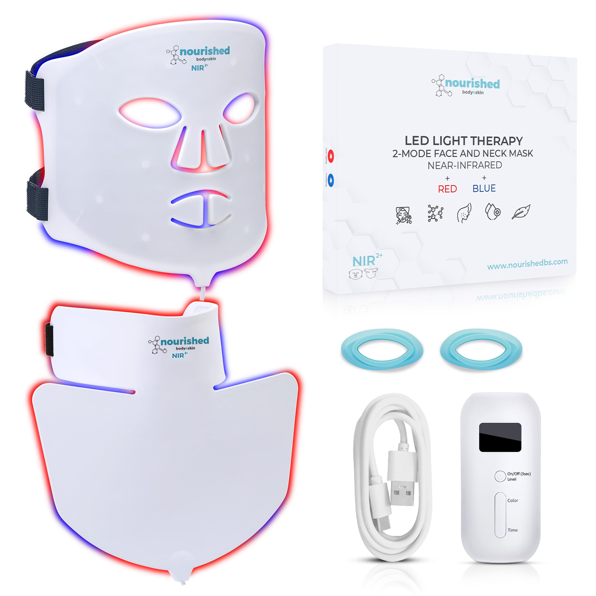 Nourished Bodynskin LED Face and Neck Mask with Near-Infrared, Blue, Red Light Therapy for Face, 228 LEDs