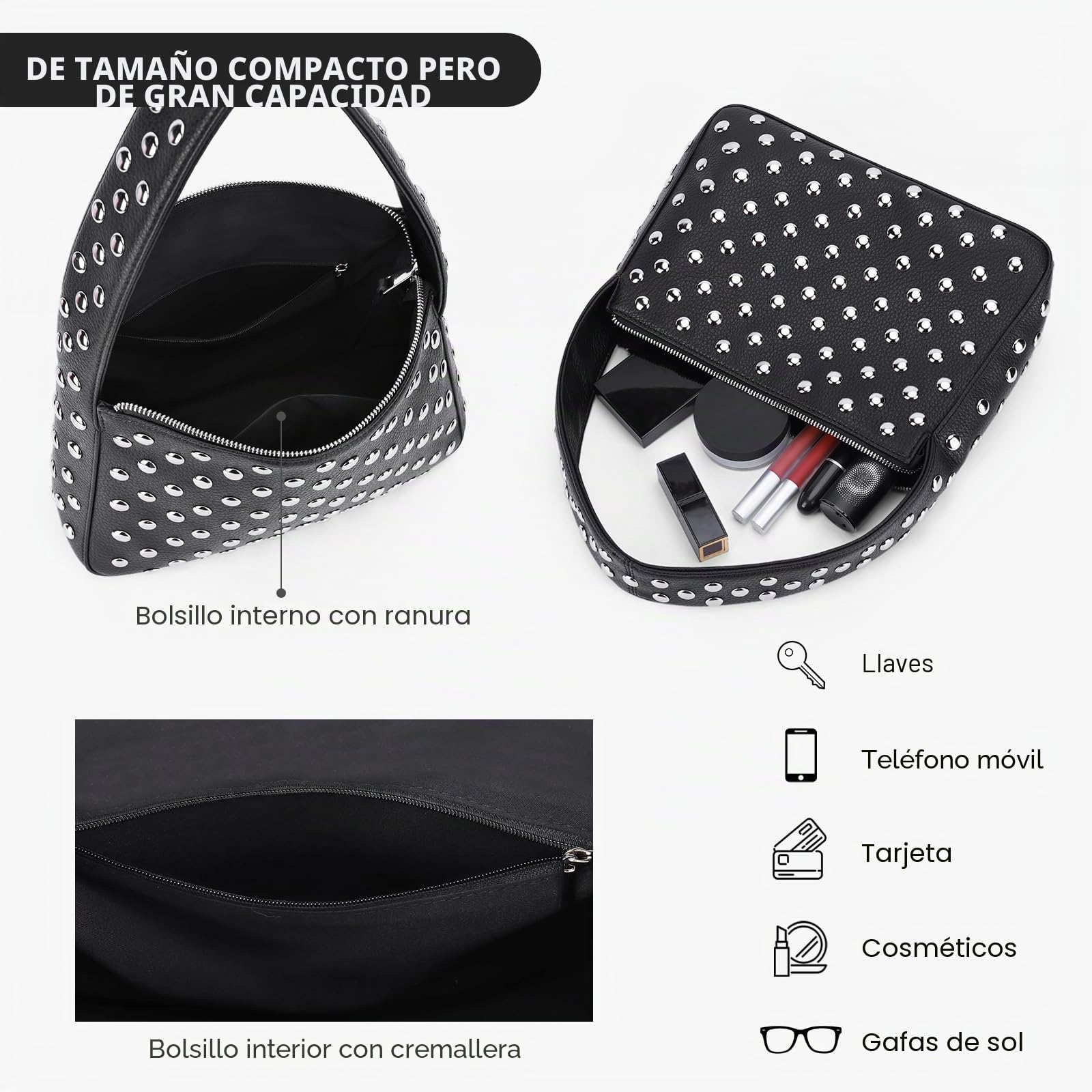 HiTotes Bolso de hombro Y2K con tachuelas para mujer, bolso con tachuelas, bolso de mano Y2K, bolso de mano de piel, bolso de mano de diseñador con tachuelas