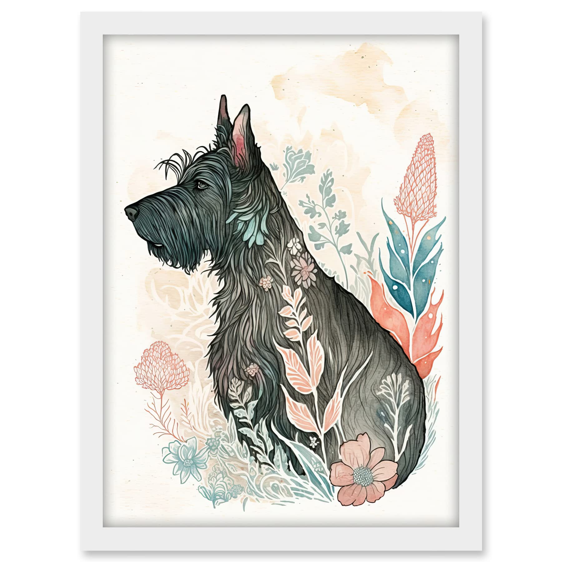 Artery8 Scottish Terrier Dog in Flower Field Bright Modern Multicoloured Watercolour Illustration Artwork Framed A3 Wall Art Print