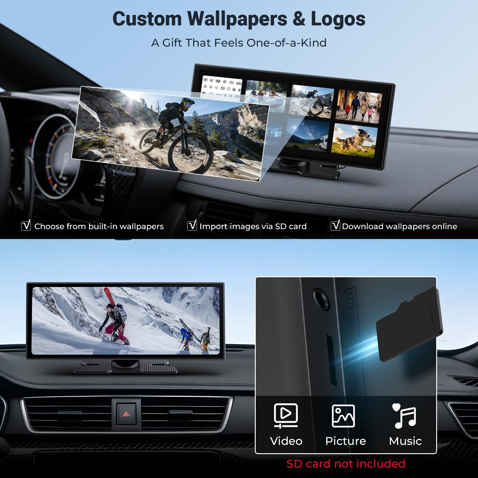Wyświetlacz samochodowy 10,25" z funkcją CarPlay i Android Auto, zintegrowany Netflix i YouTube, kamera cofania HD, Dual Band WLAN, funkcja dzielonego ekranu, ekran In-Cell