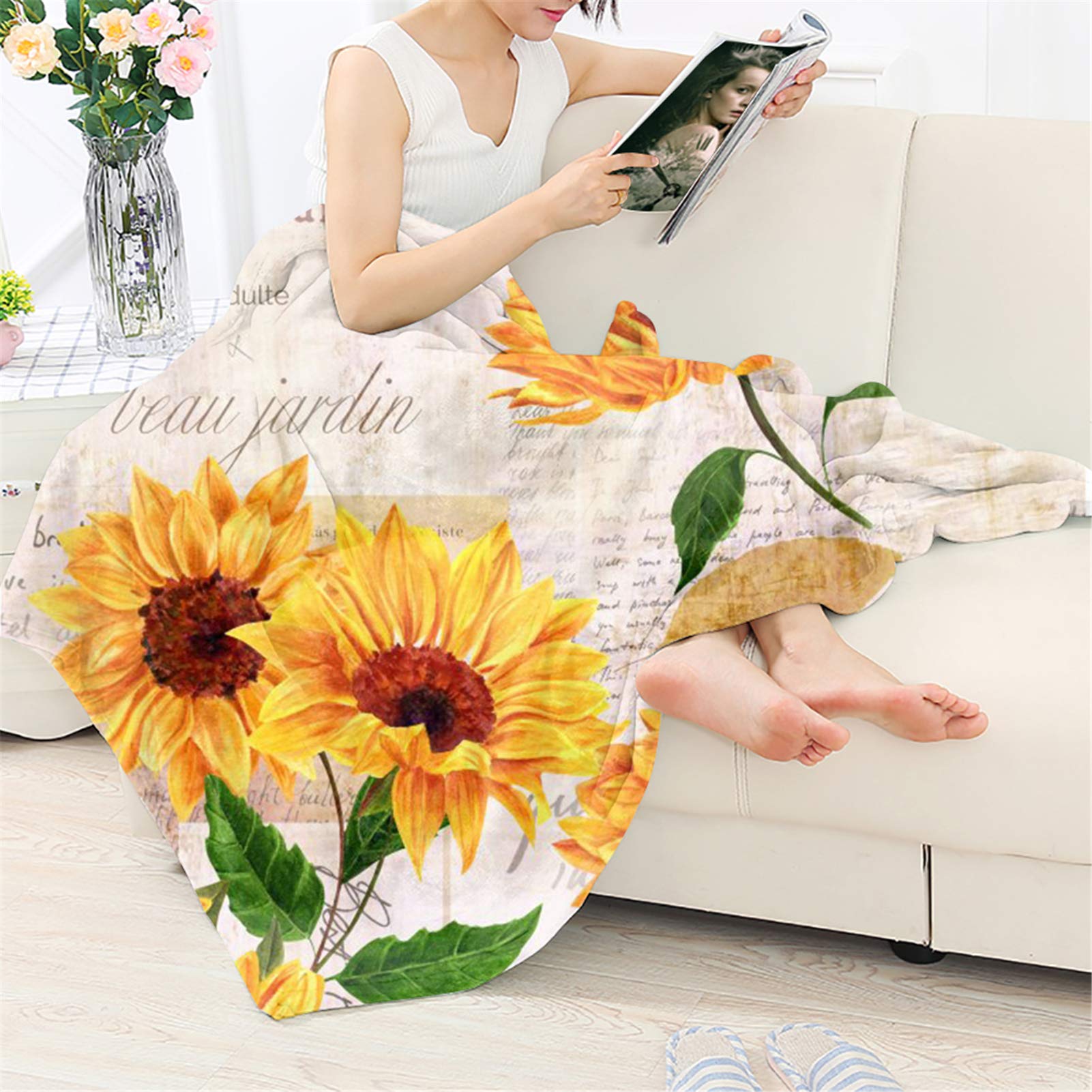 HUGS IDEA Flannel Fleece Microfiber Throw Blanket, Sunflower Retro Vintage Beige Elegant Basic Size & Full Size, Lightweight Cozy Plush Microfiber Bedspreads - 3XL — image 1