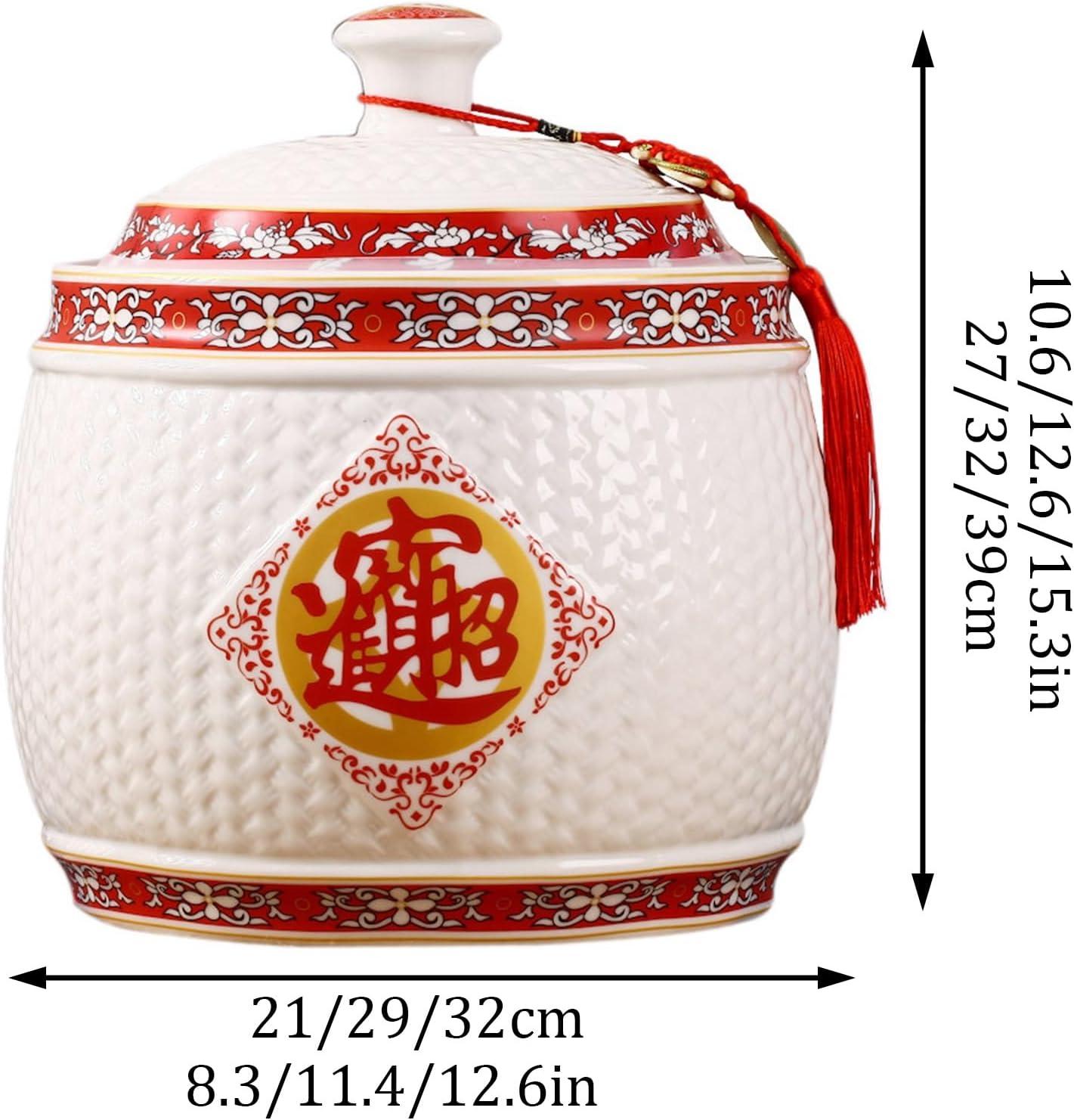 Chinese Rice Pot, Ceramic Rice Bucket with Lid, Large-Capacity Grain Storage Container, Sealed Rice Storage Bucket for Grains Snacks Candy Coffee Beans(Shape5,Capacity: 10kg)