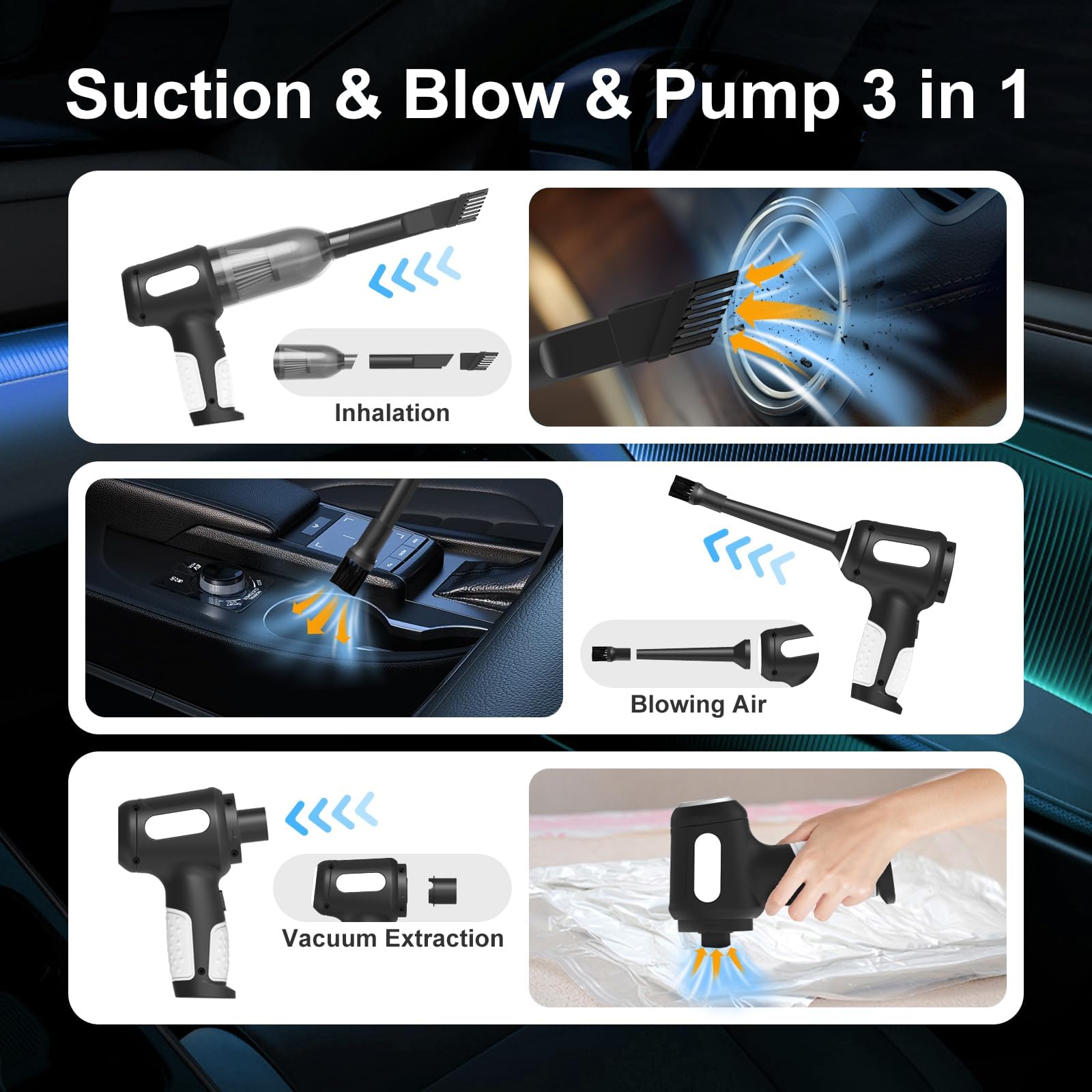 Aspirapolvere Auto Piccolo, 7000Pa Aspirabriciole Senza Fili Potente Ricaricabile con USB, 3 in 1 Mini Aspirapolvere Senza Fili Auto e Soffiatore d'aria e Pompa a Mano con Ugelli Multipli e 2 Filtri