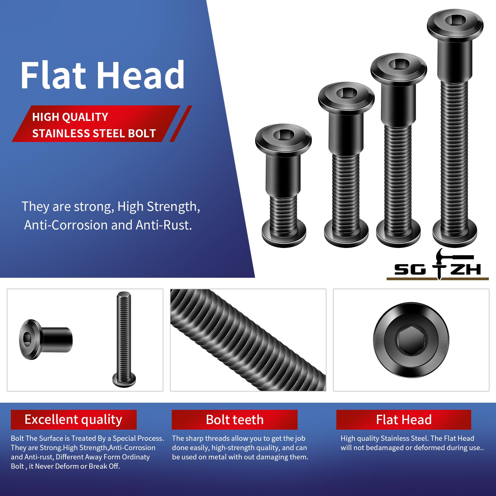1/4-20 X 1/2" Flat Head Hex Socket Cap Screws Bolts, Stainless Steel 18-8 Black Finish, Fully