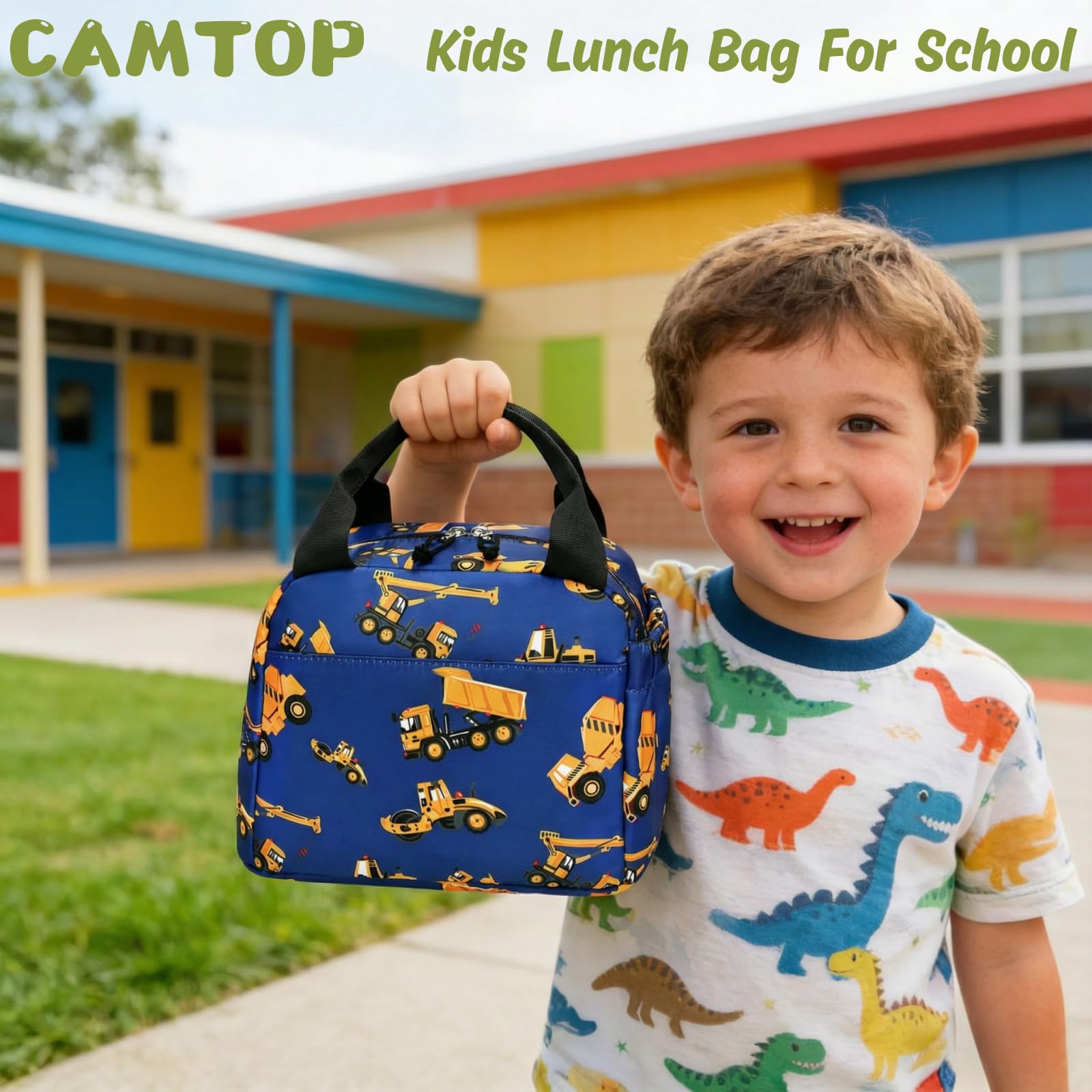 Lonchera térmica para niños, grande, reutilizable, a prueba de fugas, para niños, niñas, escuela, viajes, picnic (coche de ingeniería) azul