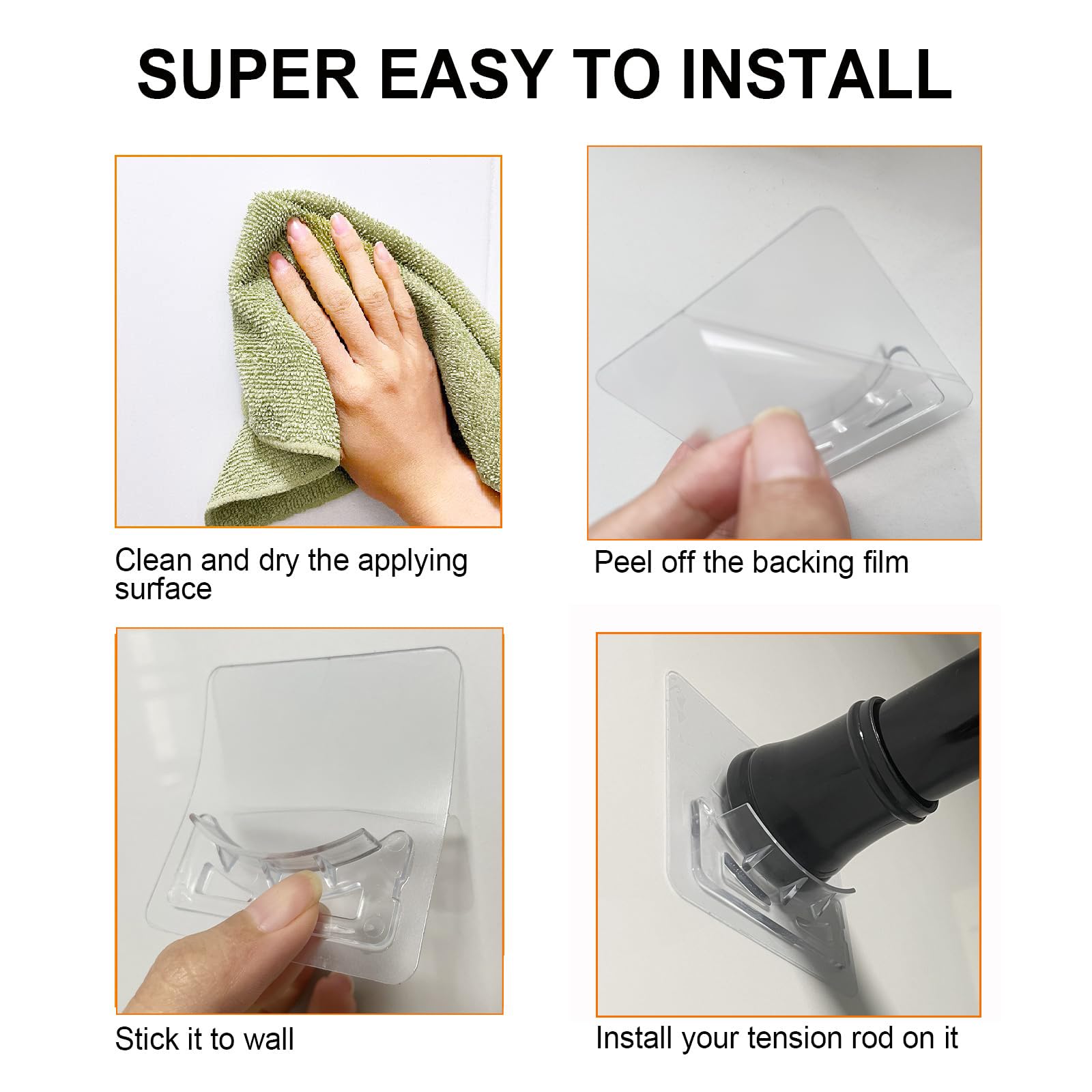 Venupple Lot de 4 supports de tringle à ressort transparents sans perçage, petit adhésif pour tringle à rideau de douche (transparent, 5,5 cm)