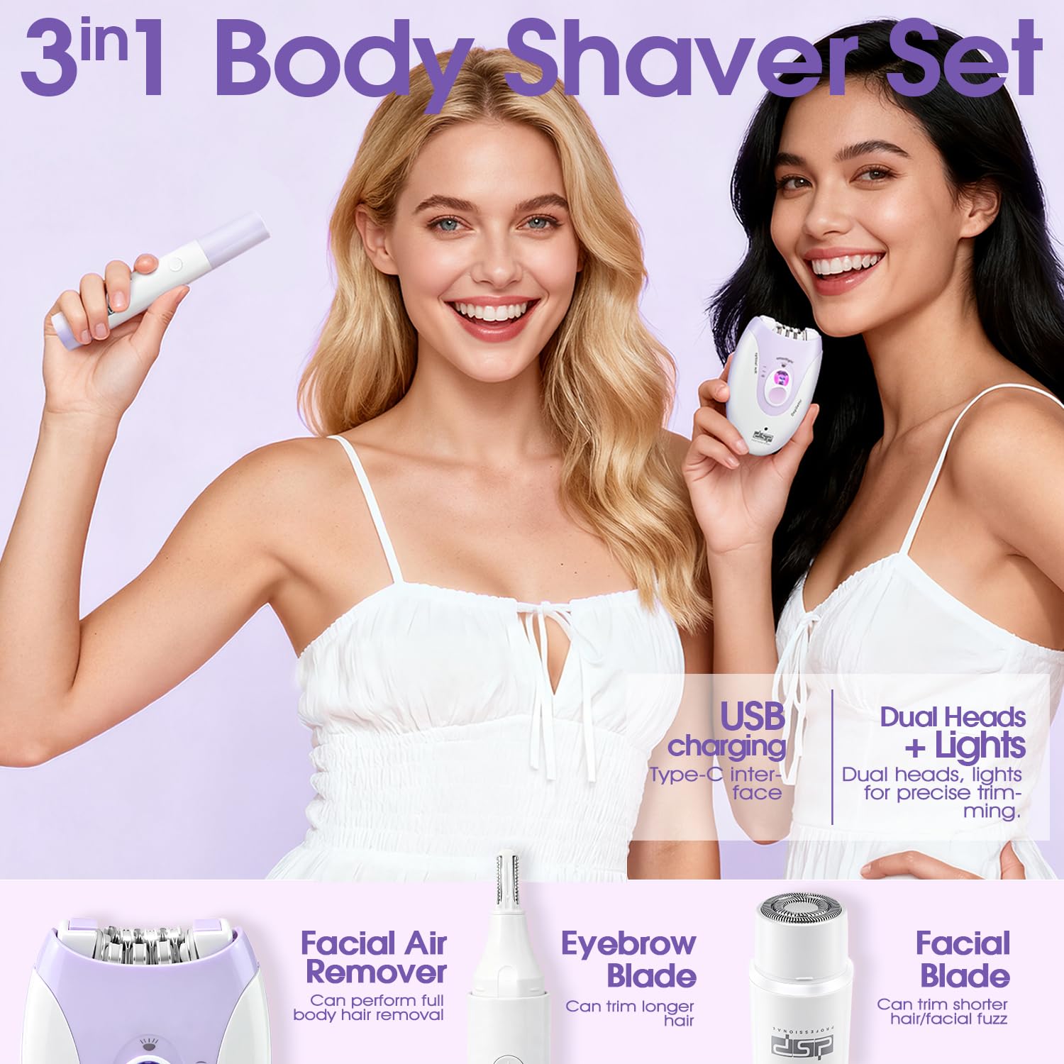 DSP dispositivo de depilación para mujeres, recortador de cejas para mujeres, 2 niveles de velocidad para depilación, recortador de vello para piernas, rostro, zona del bikini y brazos, afeitadora fac