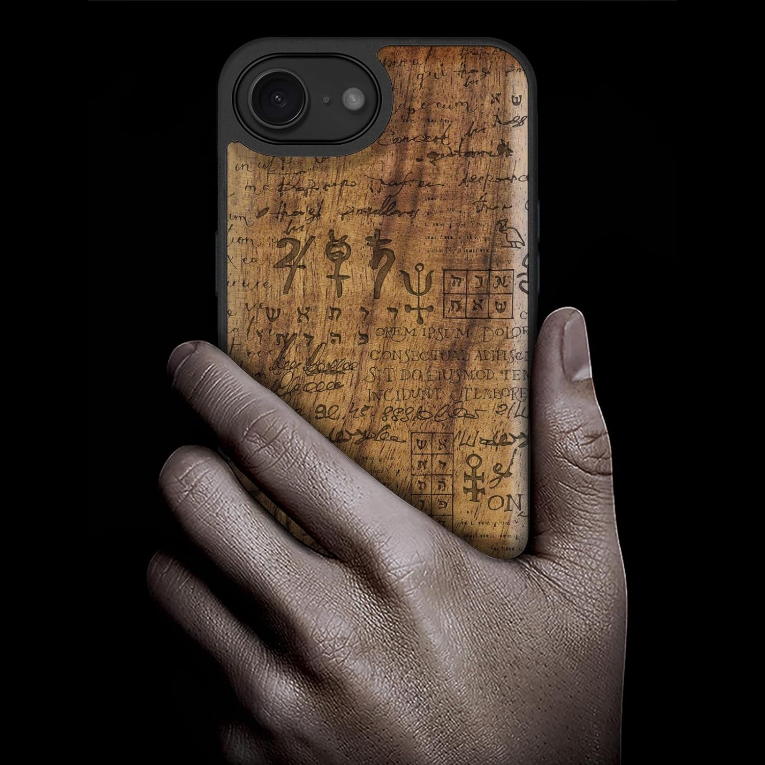 Carveit Magnetic Wooden Case for iPhone 16e / 17e, Solid Wood & Black TPU, Artisan Engraved Design, Shockproof Cover, Compatible with MagSafe Wireless Chargers, Magic Book - Walnut