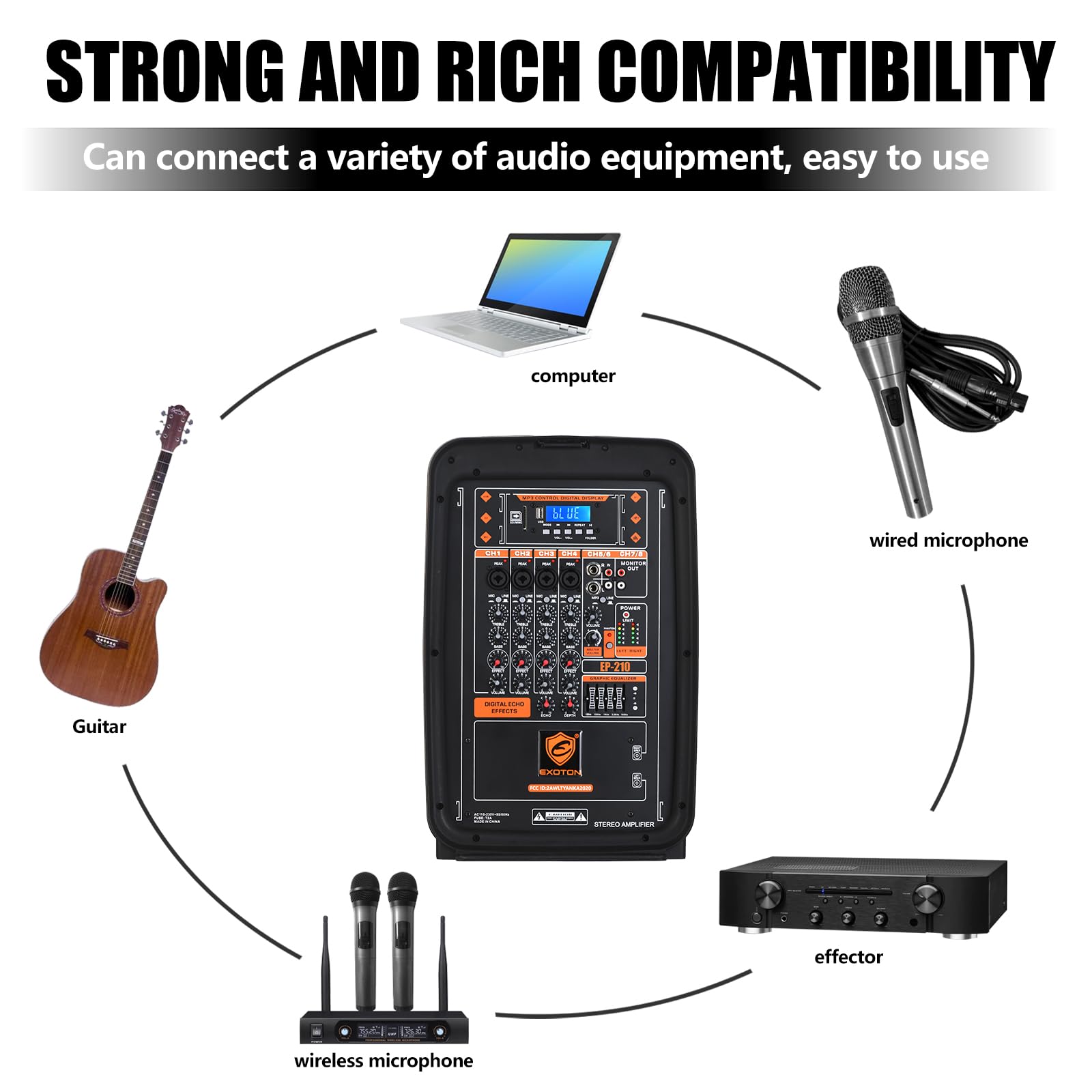 EXOTON 10inch PA System with 8-Channel Mixer,Portable 600W Bluetooth Speakers,USB/SD/FM/5-band EQ, Includes 2 Speaker Stands/Mic/48V Phantom Power,for Indoor&Outdoor