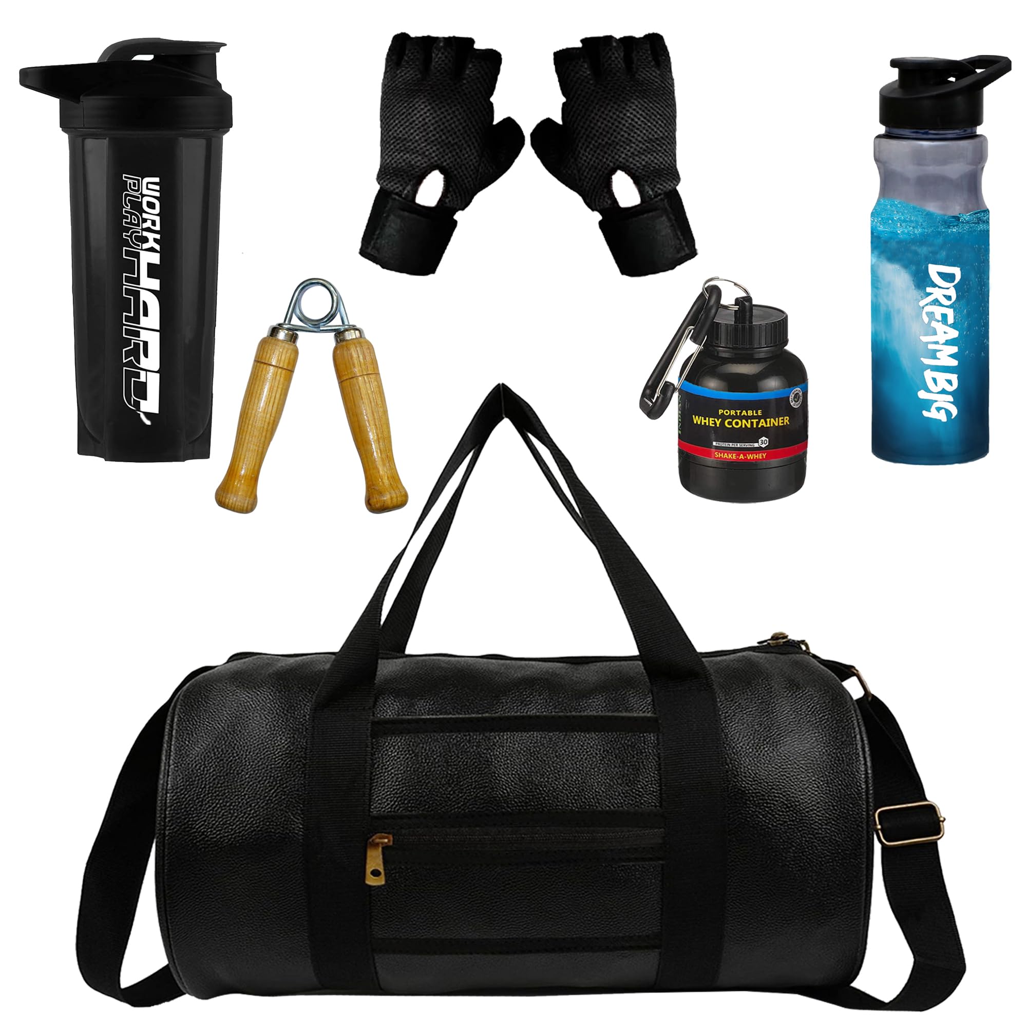 true indian New Ultimate Gym Accessories Combo Set for Men and Women Workout - Boost Your Workout with Duffle Bag, Gloves, Wodden Gripper & Whey Container Bottle Sipper Bottle/Gym Shaker (Black+ Black)-picture-31