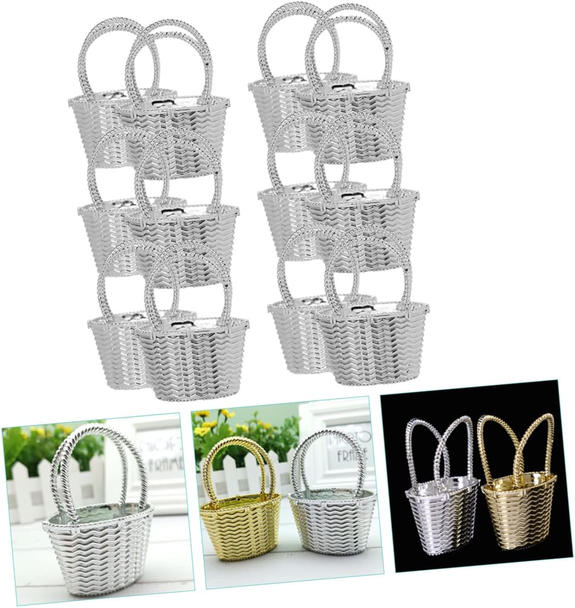 12pcs Small Plastic Candy Baskets with Handheld Portable Design | Silver Party Favors for Flowers and Decorations, Living Room or Bedroom Display, Wedding Decor Use image 3