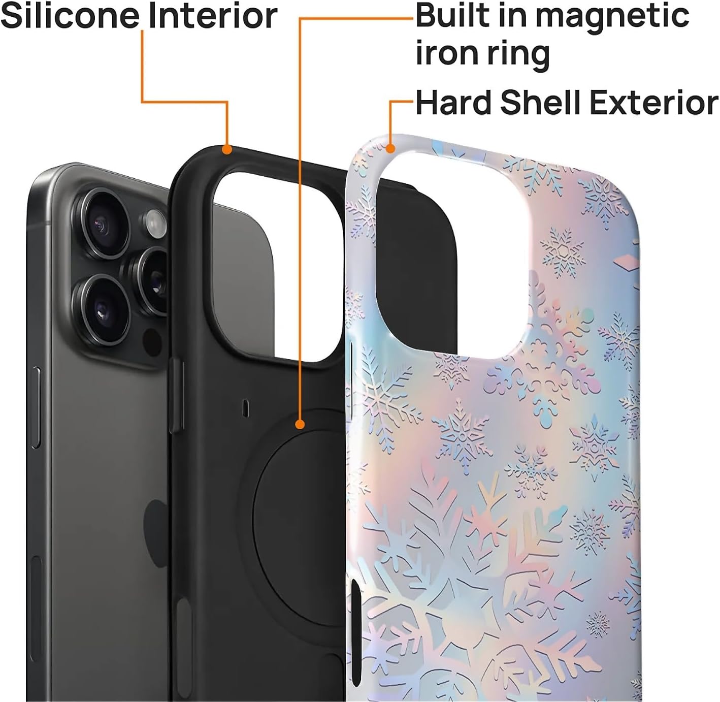 Case for iPhone 16 Pro [Compatible with MagSafe], Glossy Soft Silicone + Hard PC Anti-Scratch Shockproof Protective 2-in-1 Case for Women Men - Snowflakes