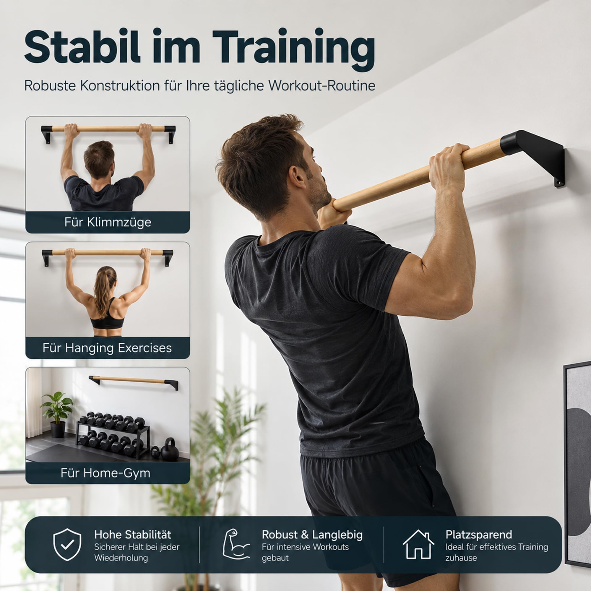 Klimmzugstange Wand Holz, bis 130kg, extra breite Pull Up Bar
