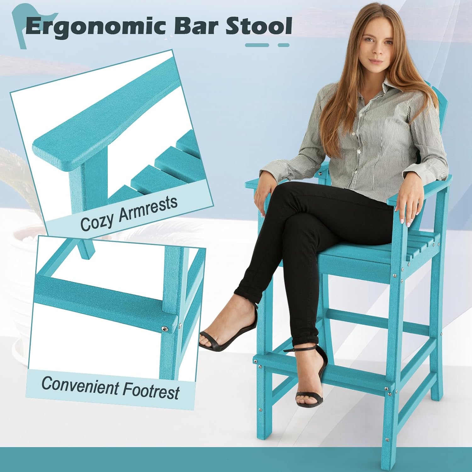 Giantex HDPE Outdoor Bar Stools - All Weather Tall Adirondack Chair with Armrest, Footrest, Load 360Lbs, 30-Inch Counter Height Bar Stool for Patio, Garden, Yard, Indoor Or Outdoor Use (1, Turquoise)