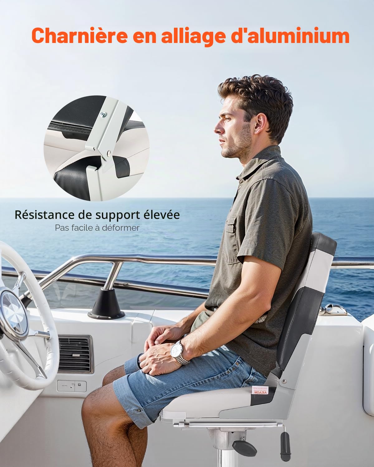VEVOR Siège de Bateau à Dossier Haut, Support de Siège de Bateau Pliable, avec Coussin en Éponge Épais et Cuir PVC, Charnières en Alliage d'Aluminium, pour Pêche, Yachts, Navires, Noir et Gris