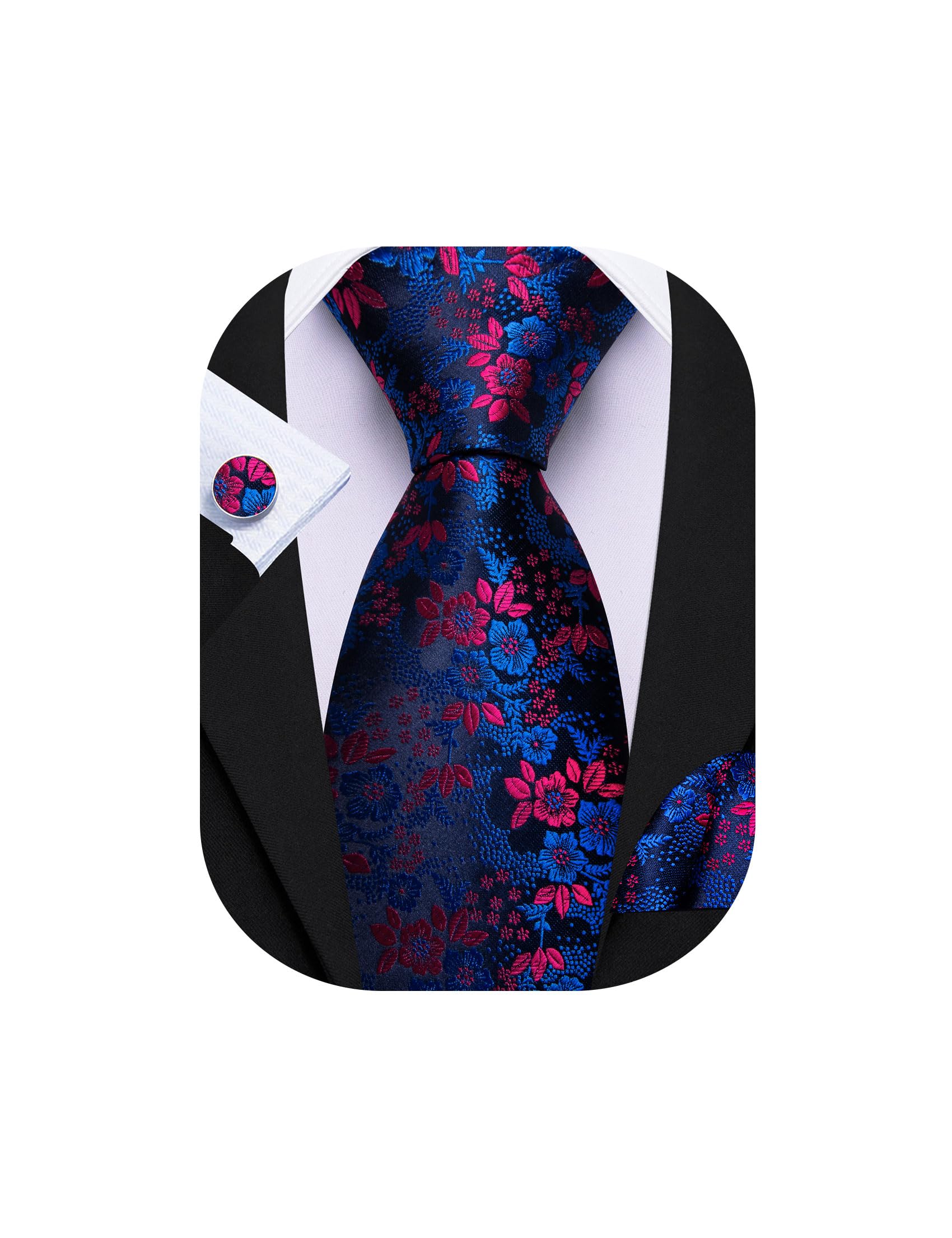 Barry.Wang Men Tie Set Floral Paisley Silk Necktie Pocket Square Cufflinks