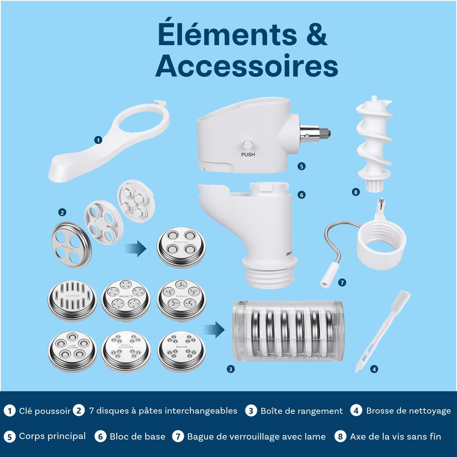 Presse à Pâtes pour KitchenAid Robots Pâtissiers par MMOBIEL – 7-en-1 Machine à Pâtes- Plaques Interchangeables pour Fusilli, Rigatoni, Spaghetti, Bucatini, Fettuccine & Macaroni – Installation Facile