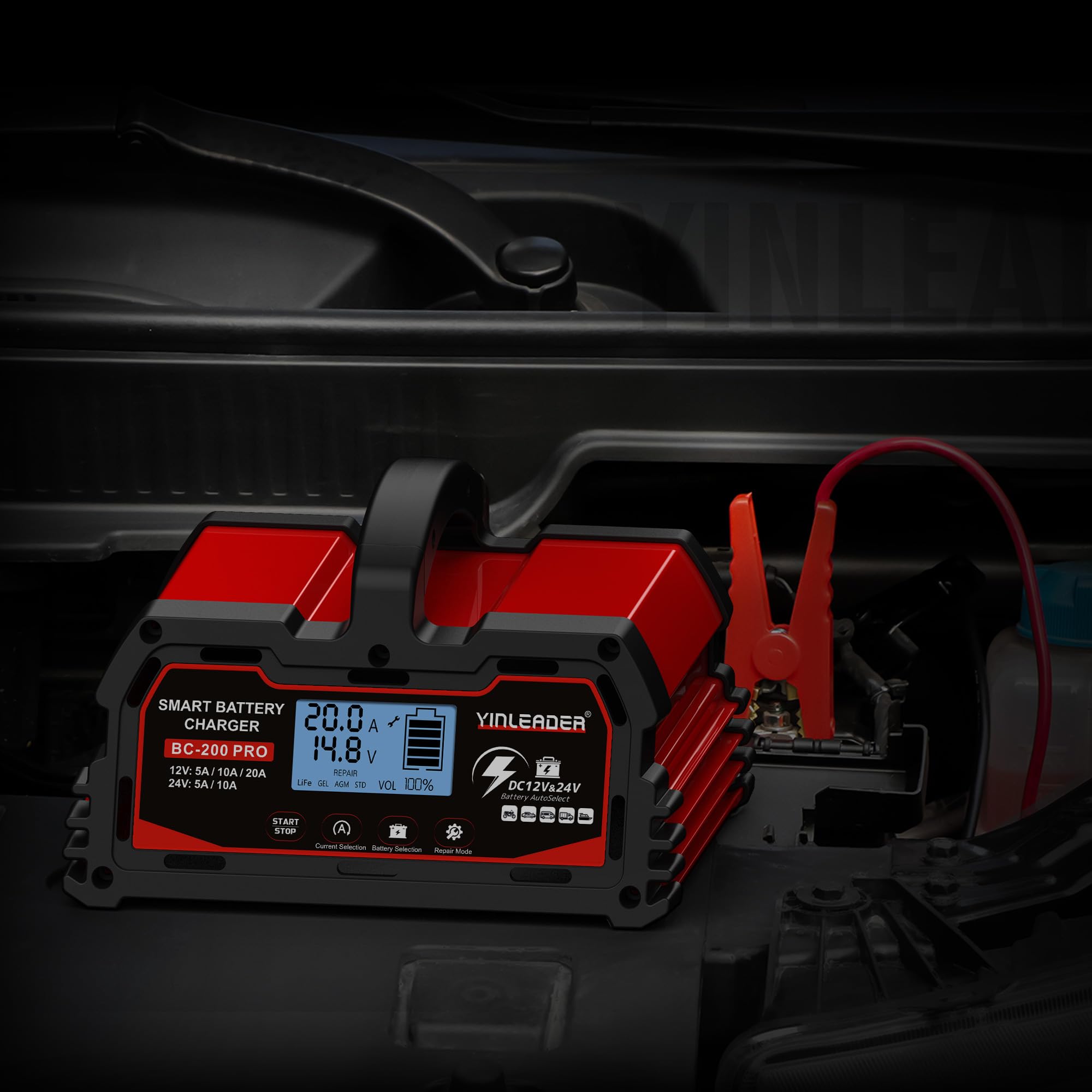 Yinleader 20A 12V/24V 10A Autobatterie Ladegerät Vollautomatisches Intelligentes Erhaltungsladegerät mit LCD-Display Ladegerät für Autobatterien und Motorradbatterie