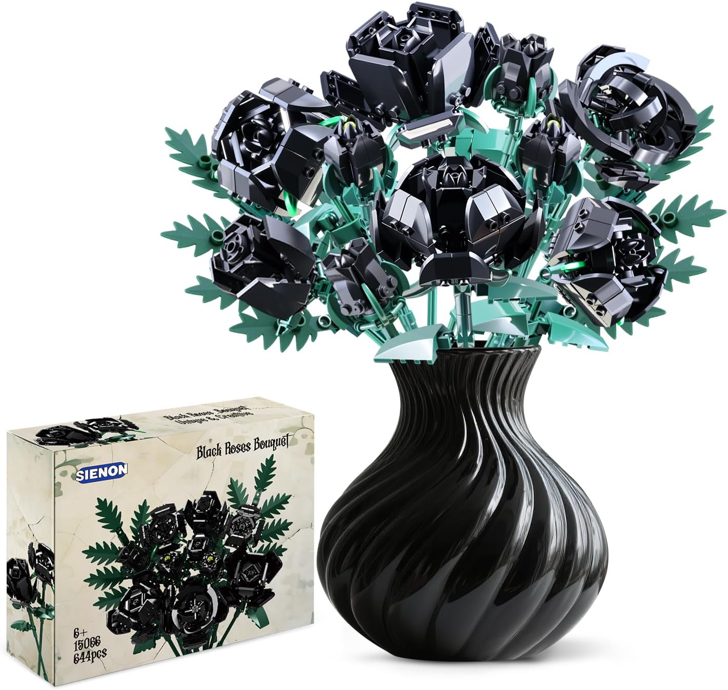 SIENON Black Rose Bouquet Building Set-10pcs Black Roses & 2pcs Leaves Botanical Collection, Artificial Flowers for Gothic Home Halloween Décor Women Gothy Teens (No Vase)