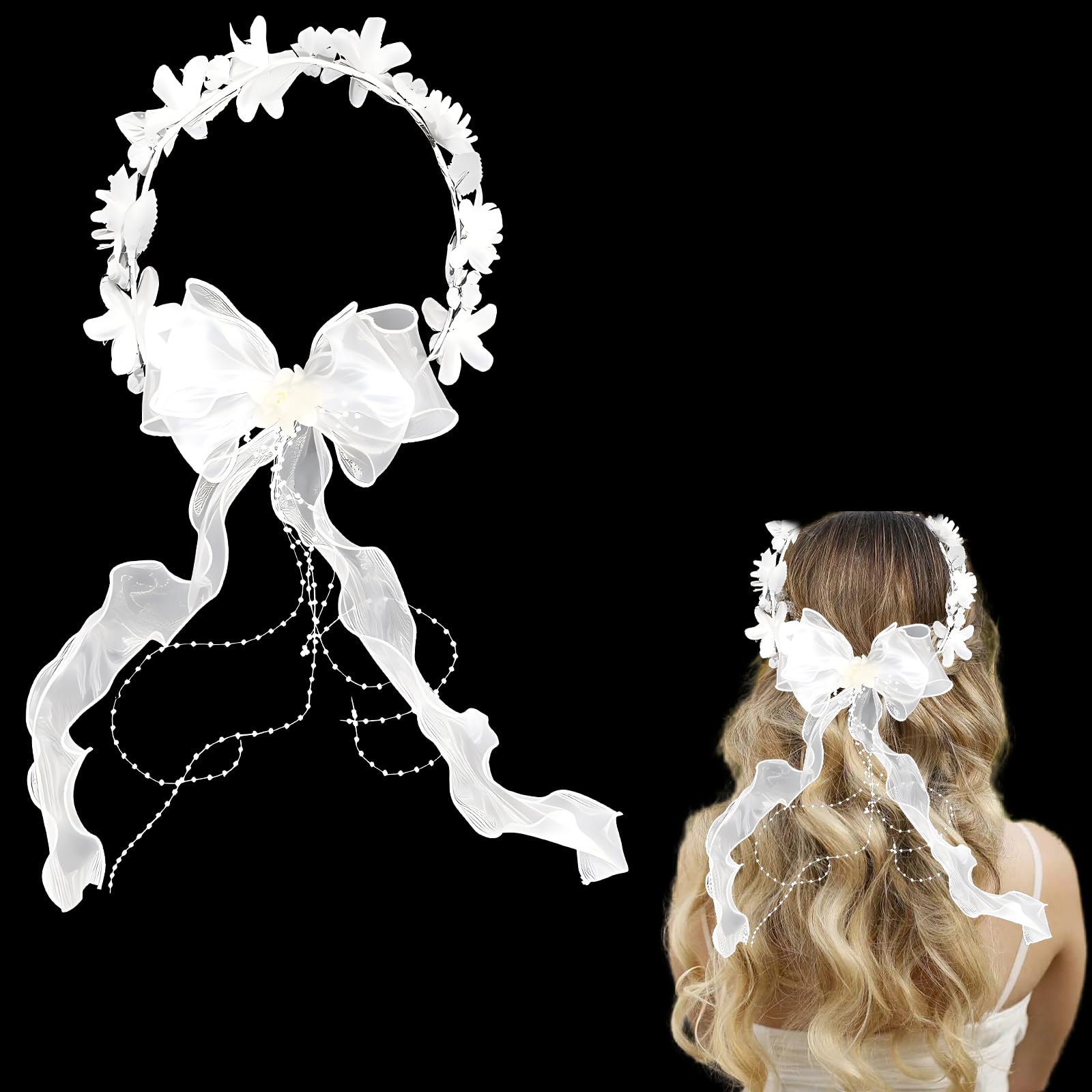 Snowtain Blanco Tocado De Comunión Para Niñas,Velo De Flores Diademas Con pajarita,Diadema de Flores Blancas de Comunión Adecuado para bodas, cumpleaños, conmemoraciones de viaje.